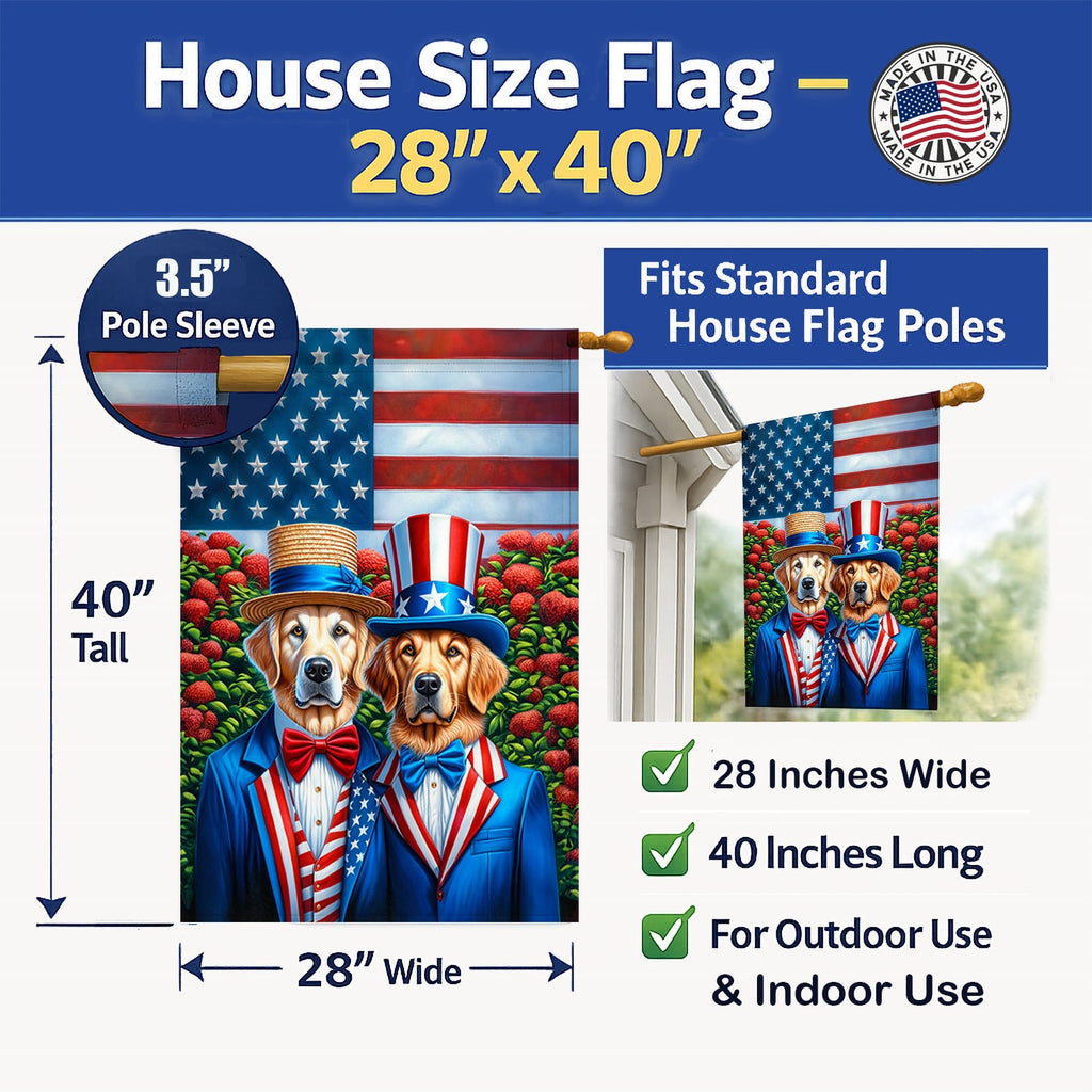 All American Golden Retriever House Flag 28x40 Porch Sleeve Pole Decorative Outside Yard Banner Artwork Wall Hanging, Polyester