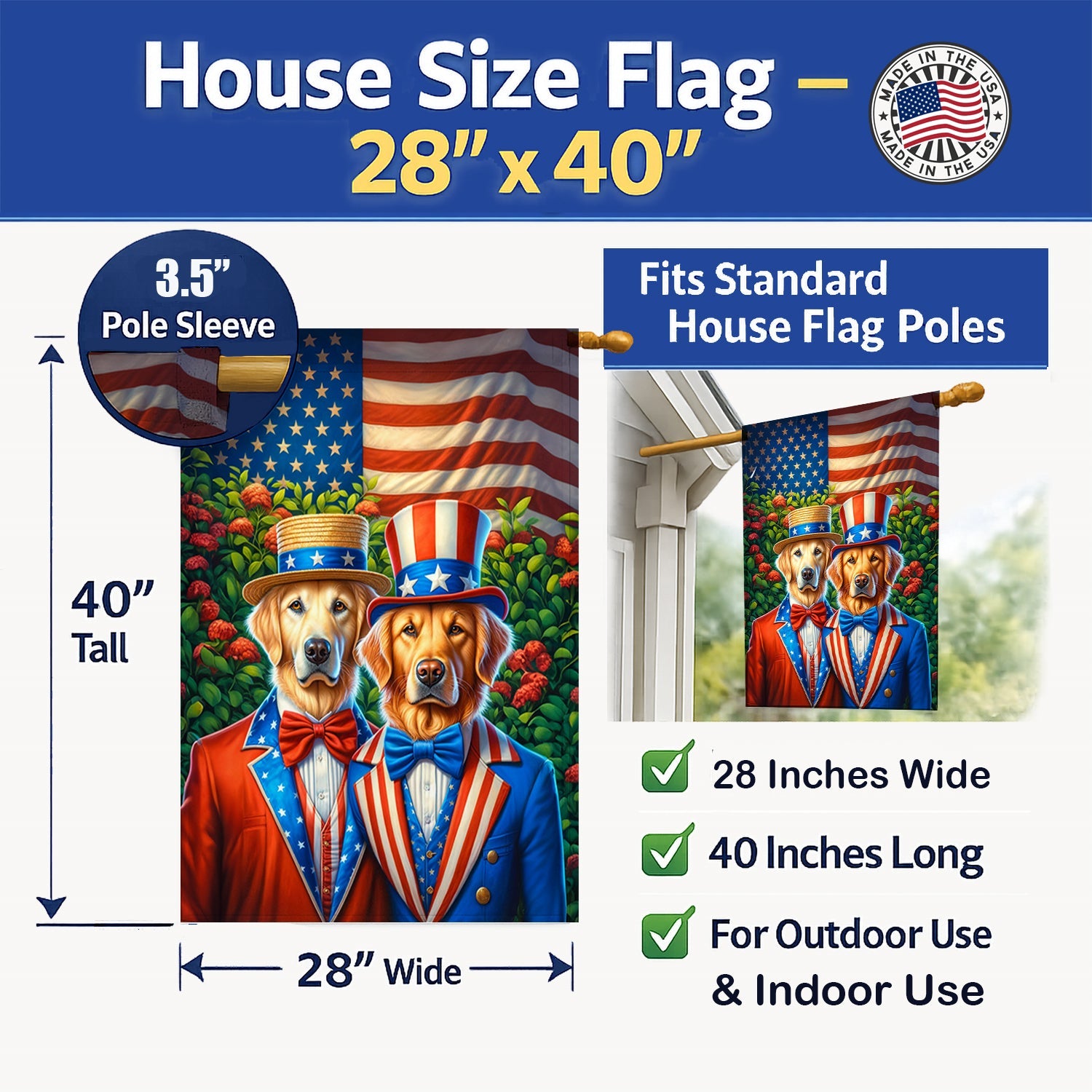 All American Golden Retriever House Flag 28x40 Porch Sleeve Pole Decorative Outside Yard Banner Artwork Wall Hanging, Polyester
