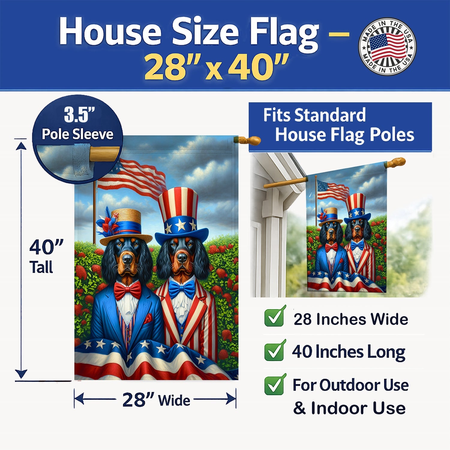 All American Gordon Setter House Flag 28x40 Porch Sleeve Pole Decorative Outside Yard Banner Artwork Wall Hanging, Polyester