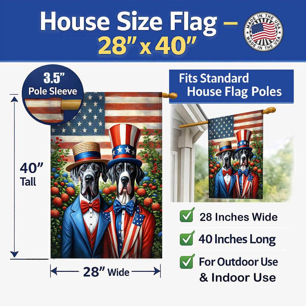 All American Great Dane House Flag 28x40 Porch Sleeve Pole Decorative Outside Yard Banner Artwork Wall Hanging, Polyester