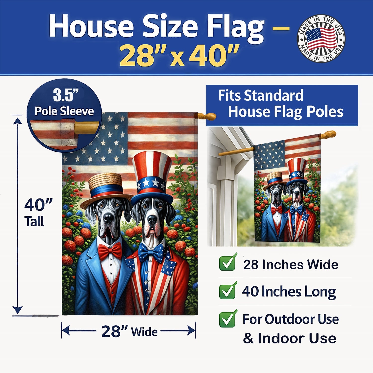 All American Great Dane House Flag 28x40 Porch Sleeve Pole Decorative Outside Yard Banner Artwork Wall Hanging, Polyester
