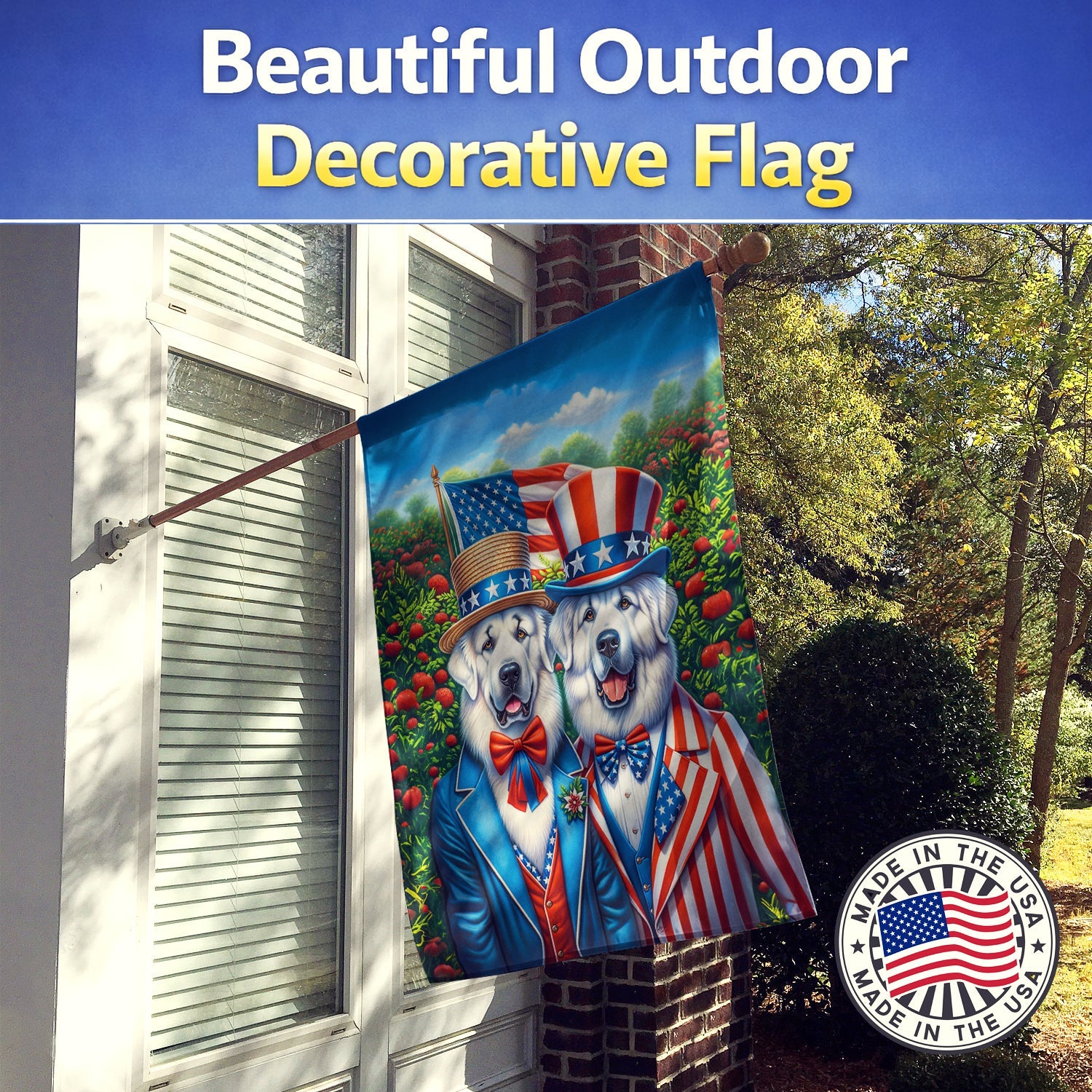 All American Great Pyrenees House Flag 28x40 Porch Sleeve Pole Decorative Outside Yard Banner Artwork Wall Hanging, Polyester