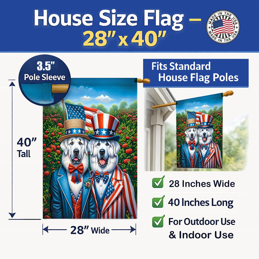 All American Great Pyrenees House Flag 28x40 Porch Sleeve Pole Decorative Outside Yard Banner Artwork Wall Hanging, Polyester