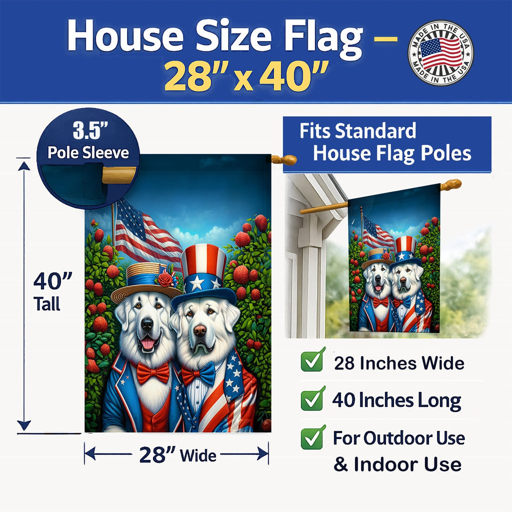 All American Great Pyrenees House Flag 28x40 Porch Sleeve Pole Decorative Outside Yard Banner Artwork Wall Hanging, Polyester