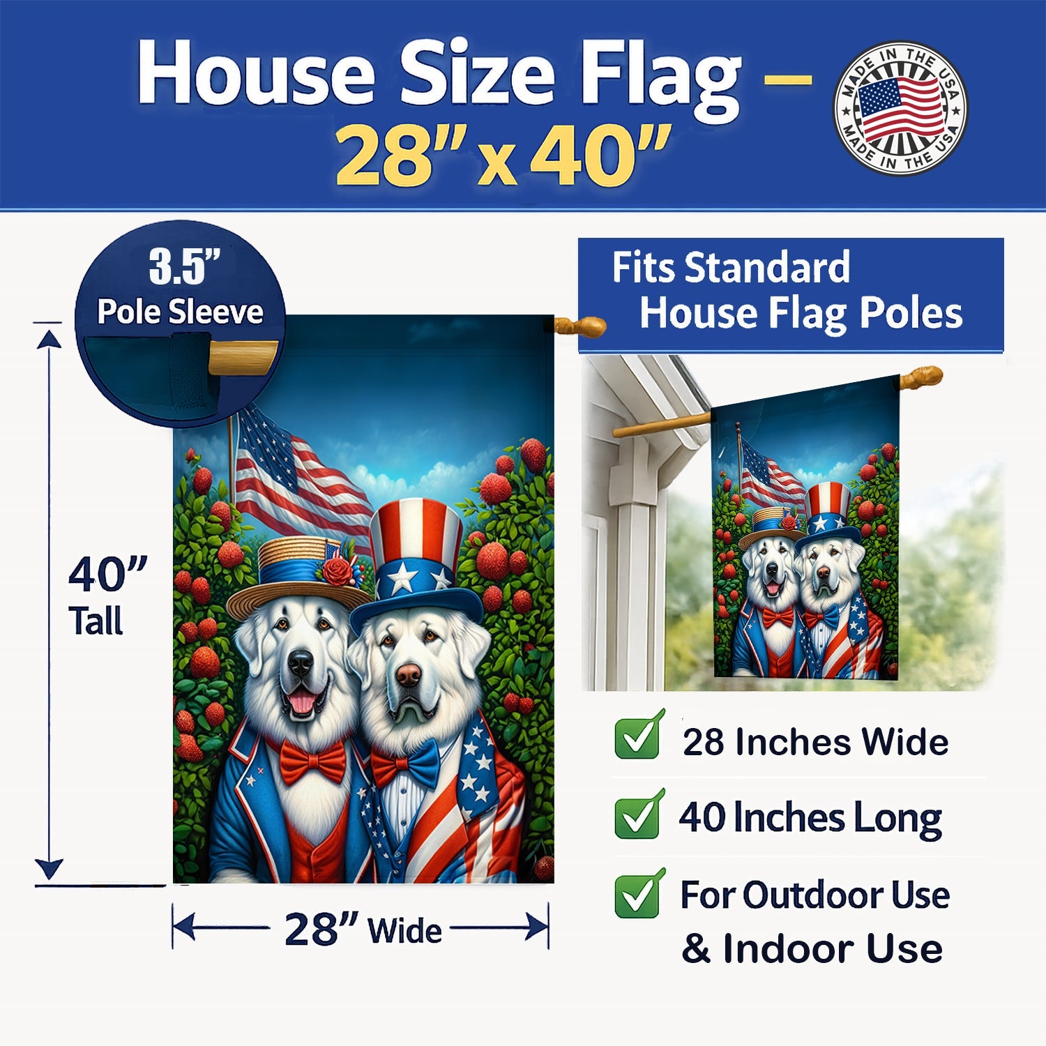 All American Great Pyrenees House Flag 28x40 Porch Sleeve Pole Decorative Outside Yard Banner Artwork Wall Hanging, Polyester