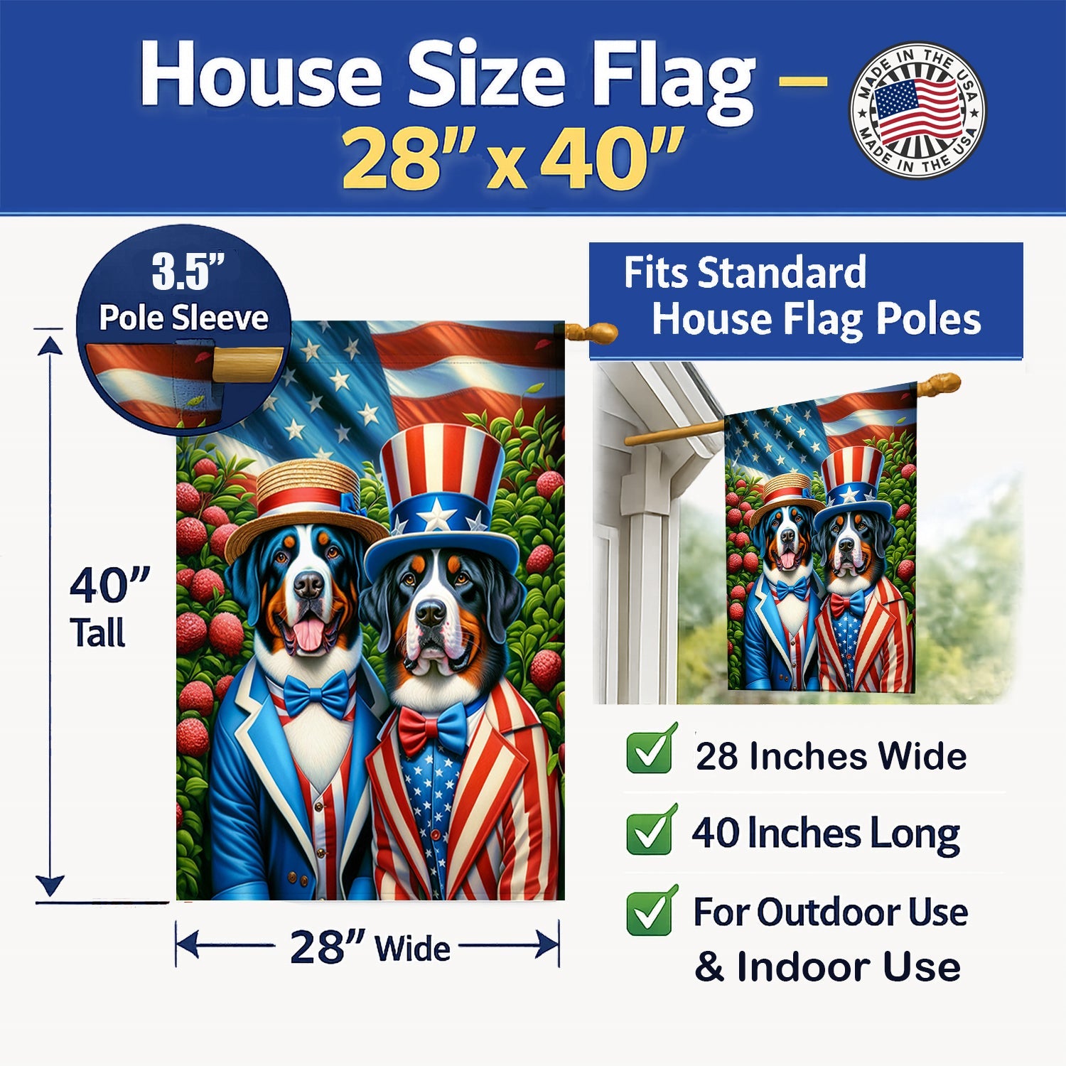 All American Greater Swiss Mountain Dog House Flag 28x40 Porch Sleeve Pole Decorative Outside Yard Banner Artwork Wall Hanging, Polyester