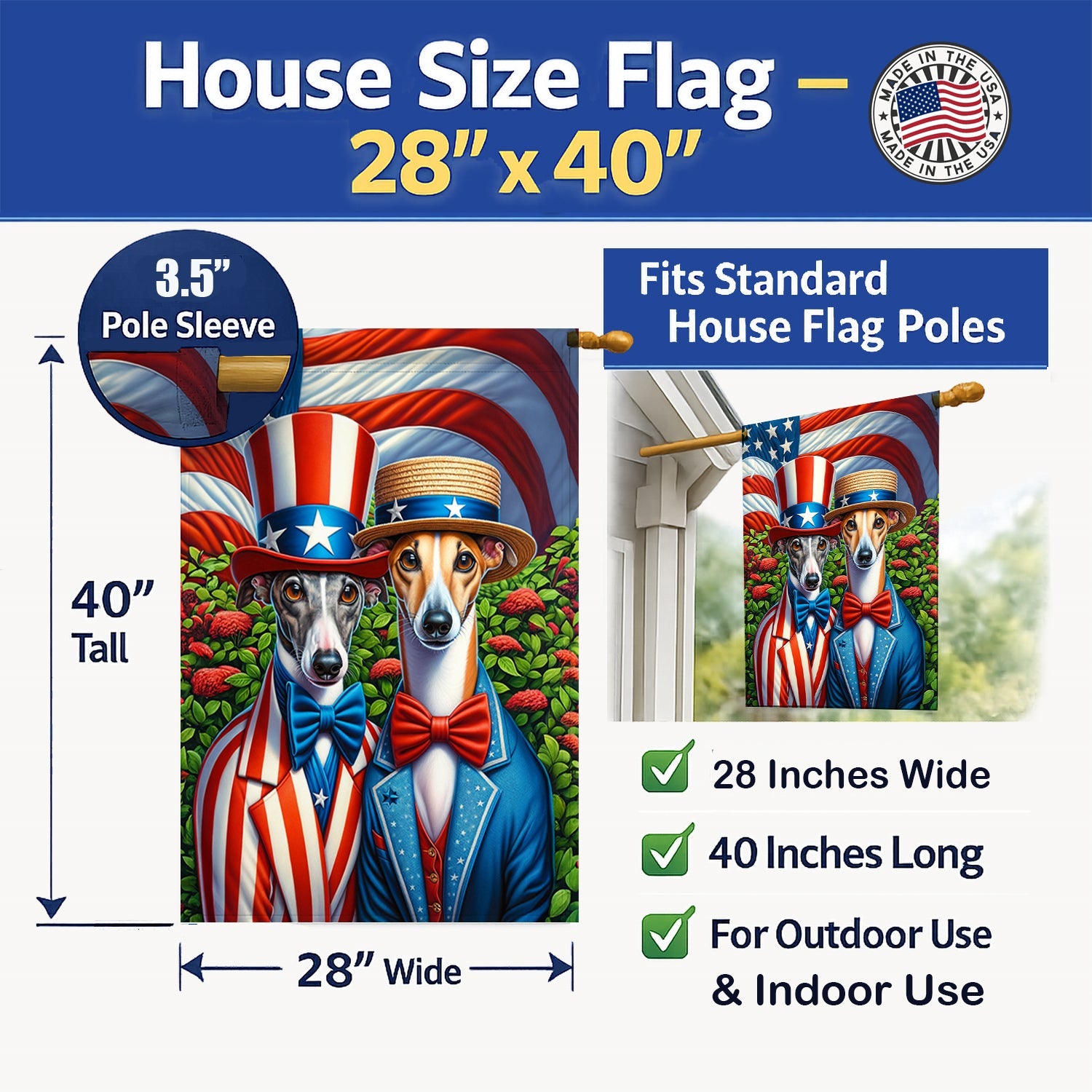 All American Greyhound House Flag 28x40 Porch Sleeve Pole Decorative Outside Yard Banner Artwork Wall Hanging, Polyester