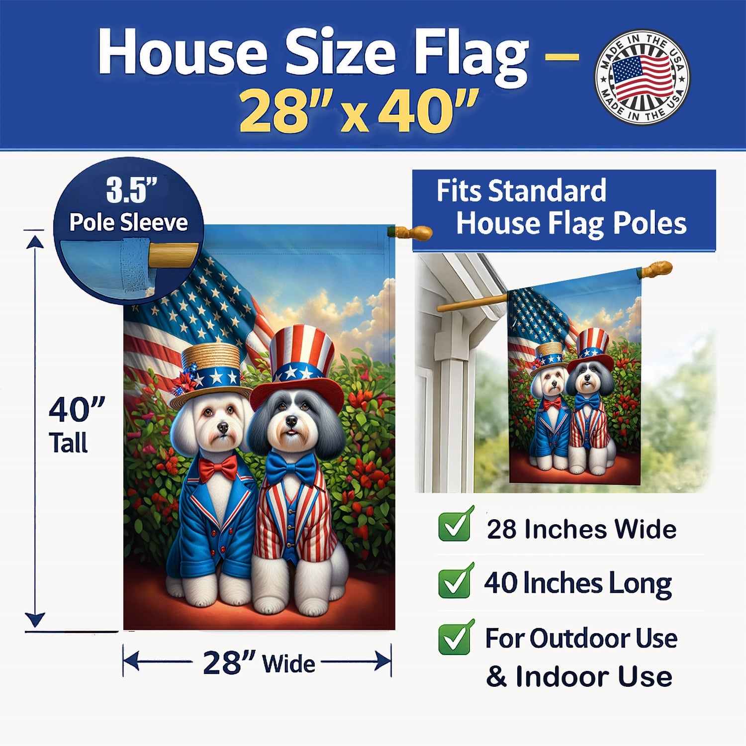 All American Havanese House Flag 28x40 Porch Sleeve Pole Decorative Outside Yard Banner Artwork Wall Hanging, Polyester