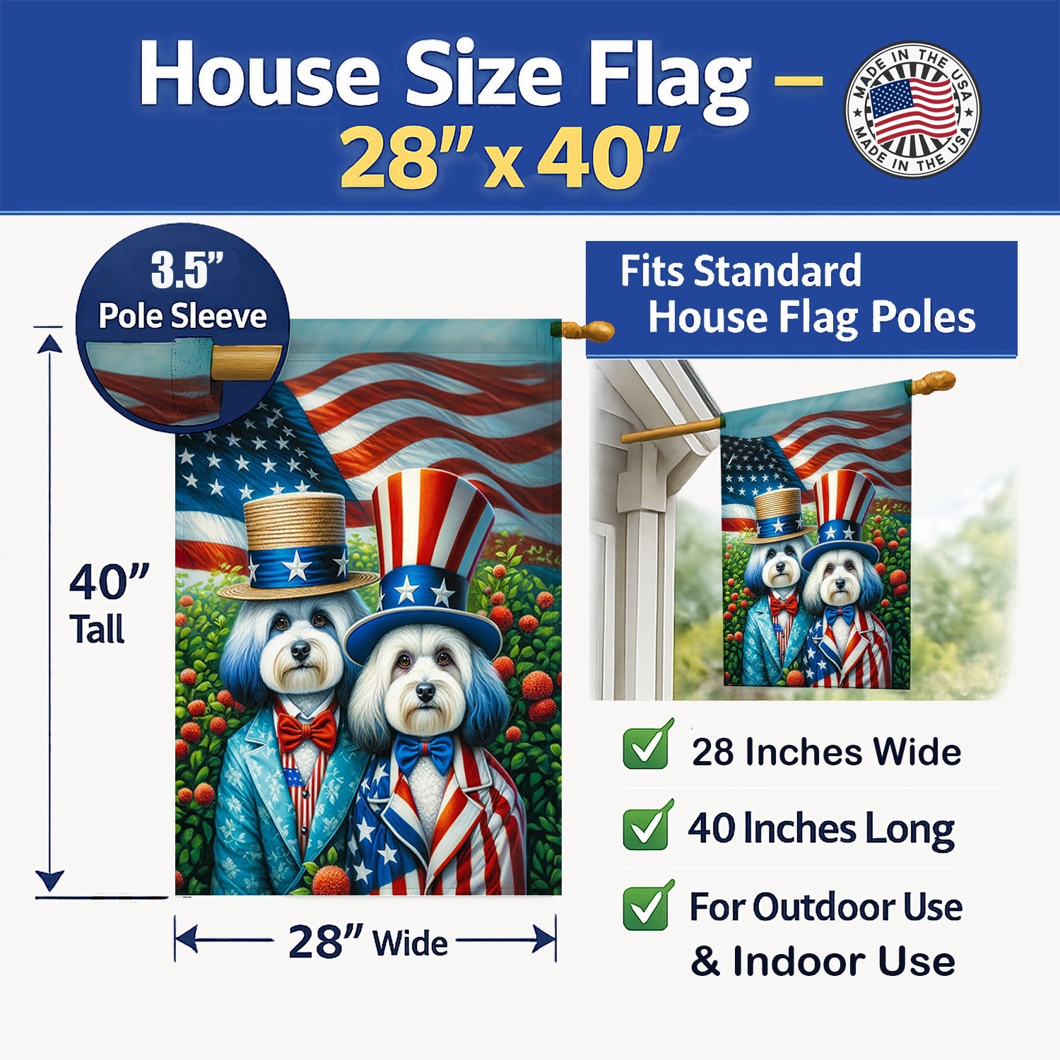 All American Havanese House Flag 28x40 Porch Sleeve Pole Decorative Outside Yard Banner Artwork Wall Hanging, Polyester