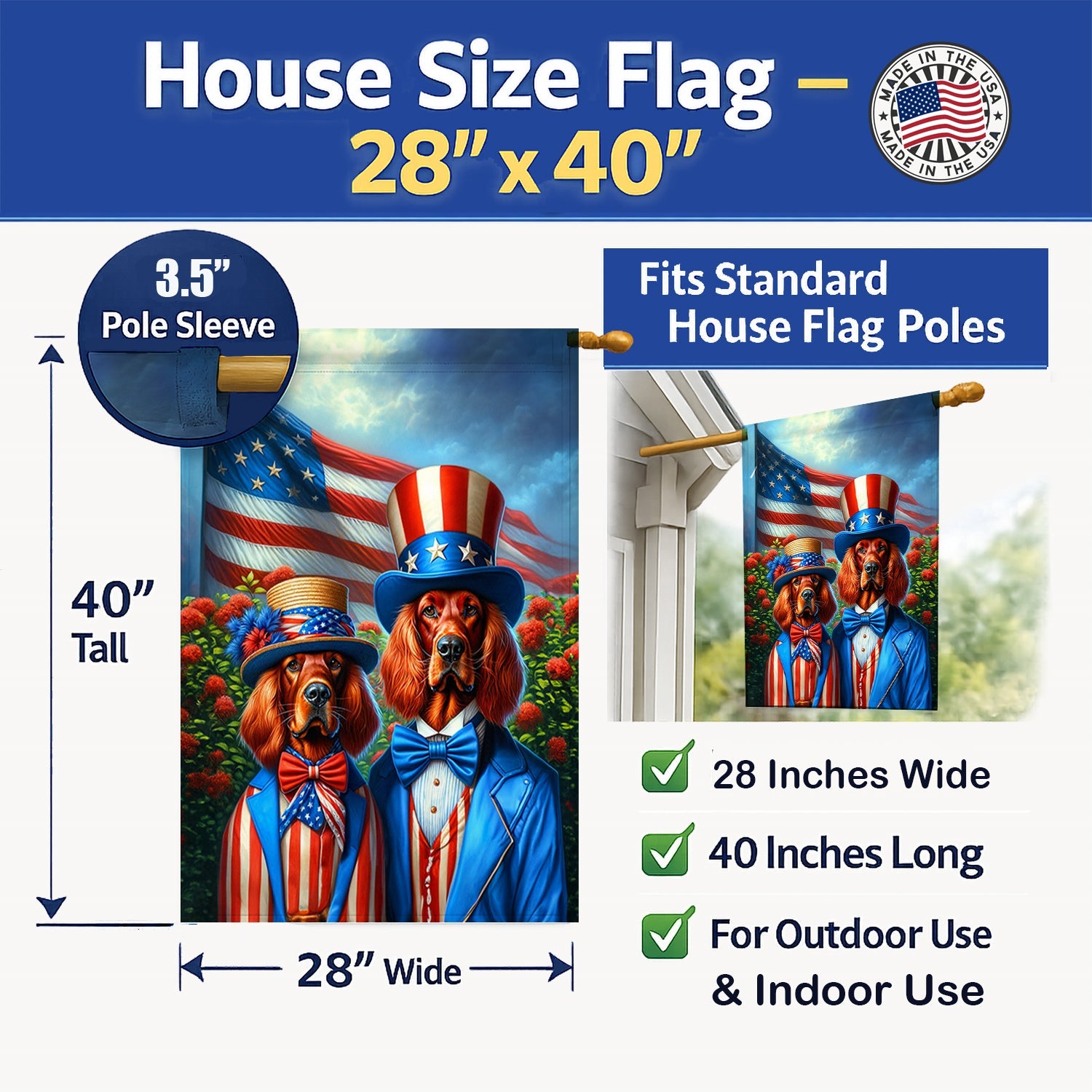 All American Irish Setter House Flag 28x40 Porch Sleeve Pole Decorative Outside Yard Banner Artwork Wall Hanging, Polyester