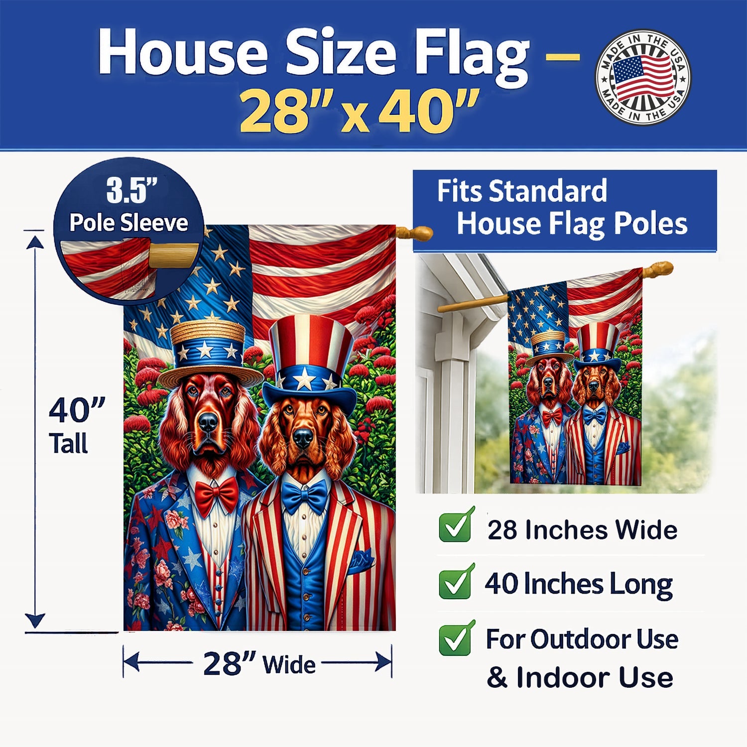 All American Irish Setter House Flag 28x40 Porch Sleeve Pole Decorative Outside Yard Banner Artwork Wall Hanging, Polyester