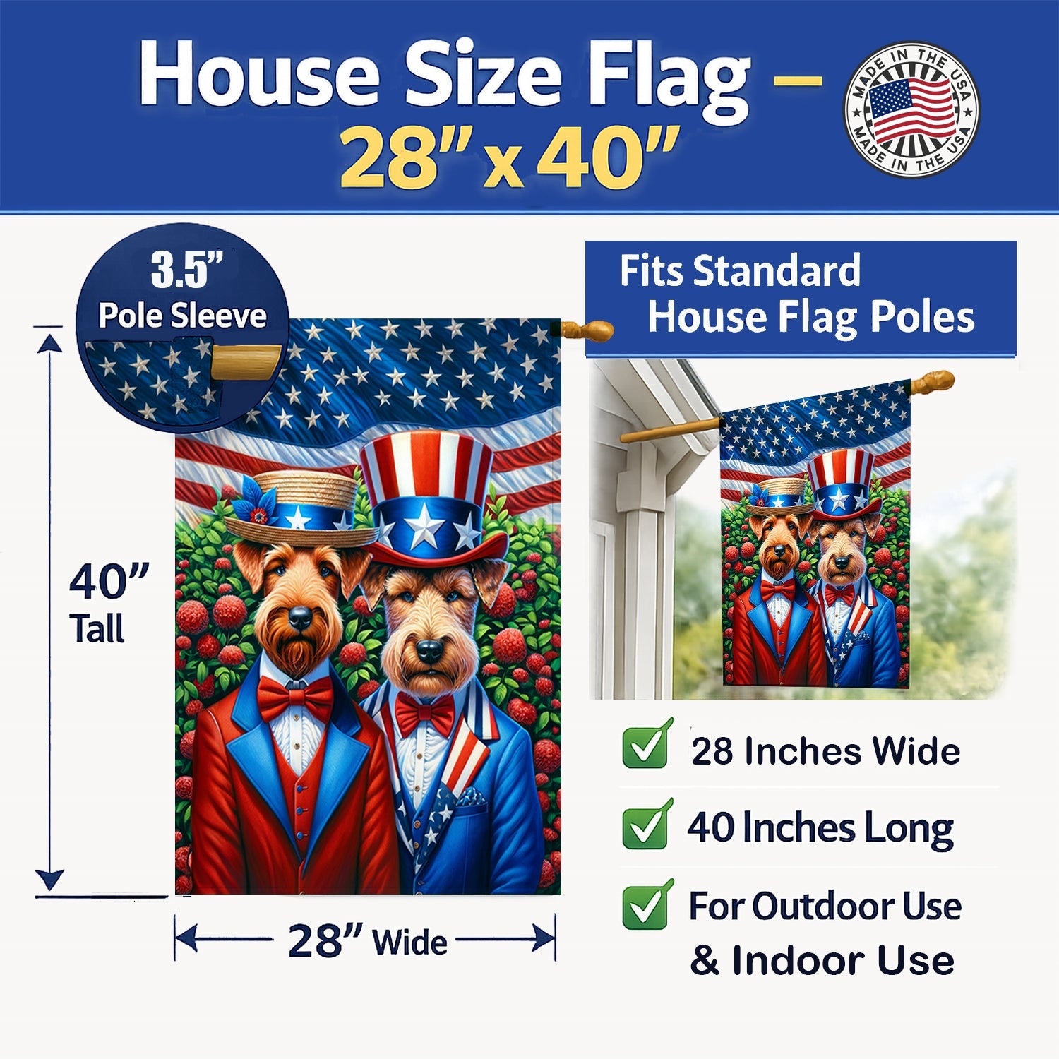 All American Irish Terrier House Flag 28x40 Porch Sleeve Pole Decorative Outside Yard Banner Artwork Wall Hanging, Polyester