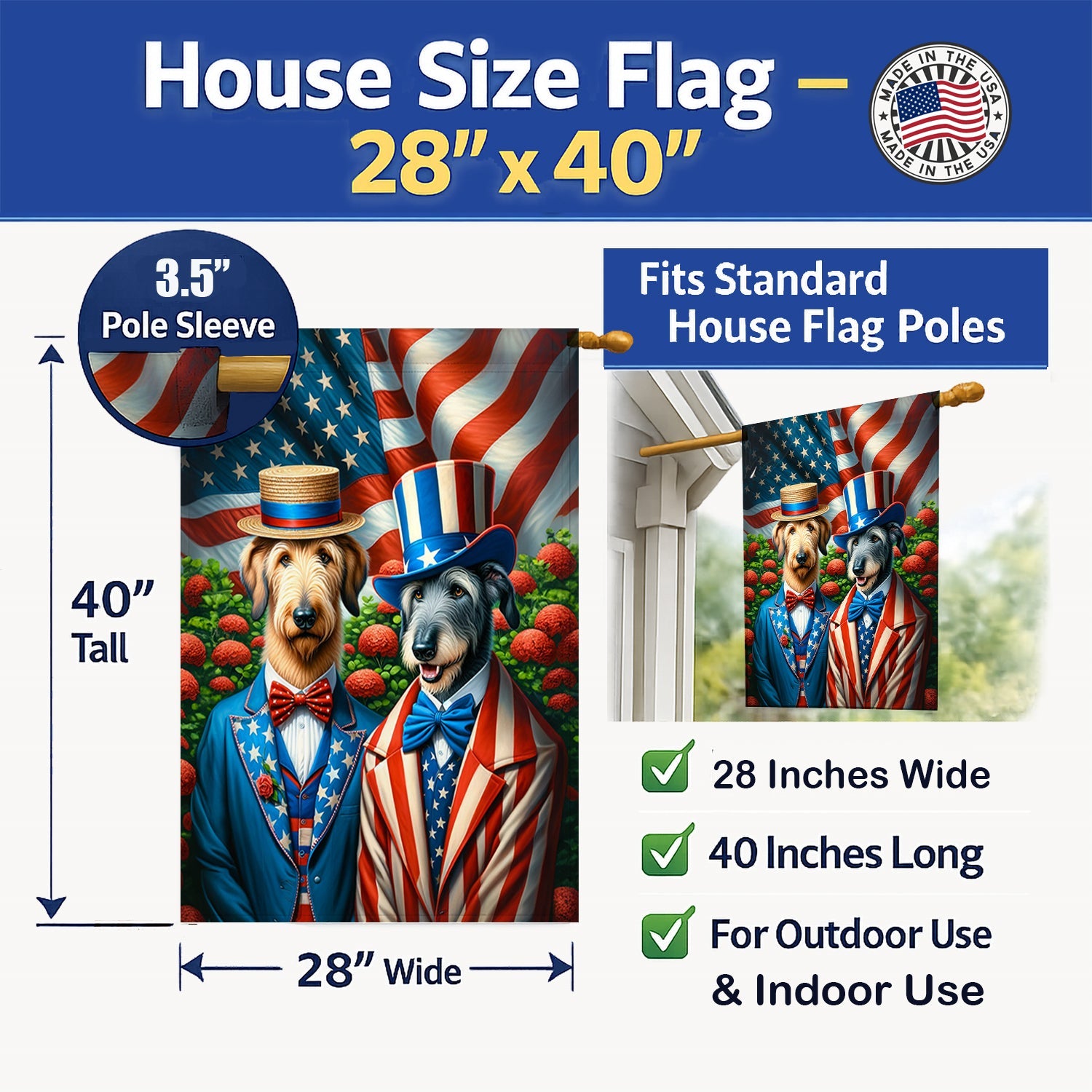 All American Irish Wolfhound House Flag 28x40 Porch Sleeve Pole Decorative Outside Yard Banner Artwork Wall Hanging, Polyester