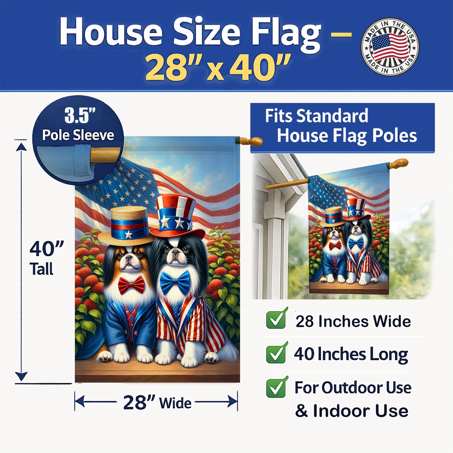 All American Japanese Chin House Flag 28x40 Porch Sleeve Pole Decorative Outside Yard Banner Artwork Wall Hanging, Polyester