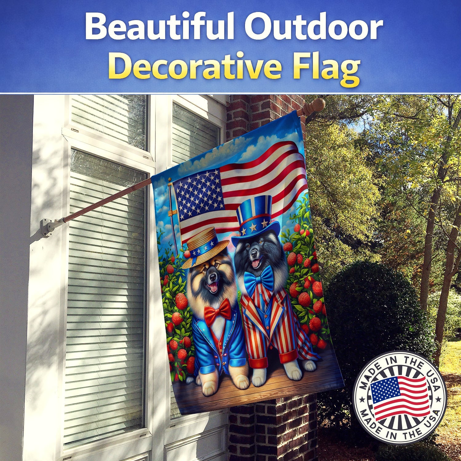 All American Keeshond House Flag 28x40 Porch Sleeve Pole Decorative Outside Yard Banner Artwork Wall Hanging, Polyester