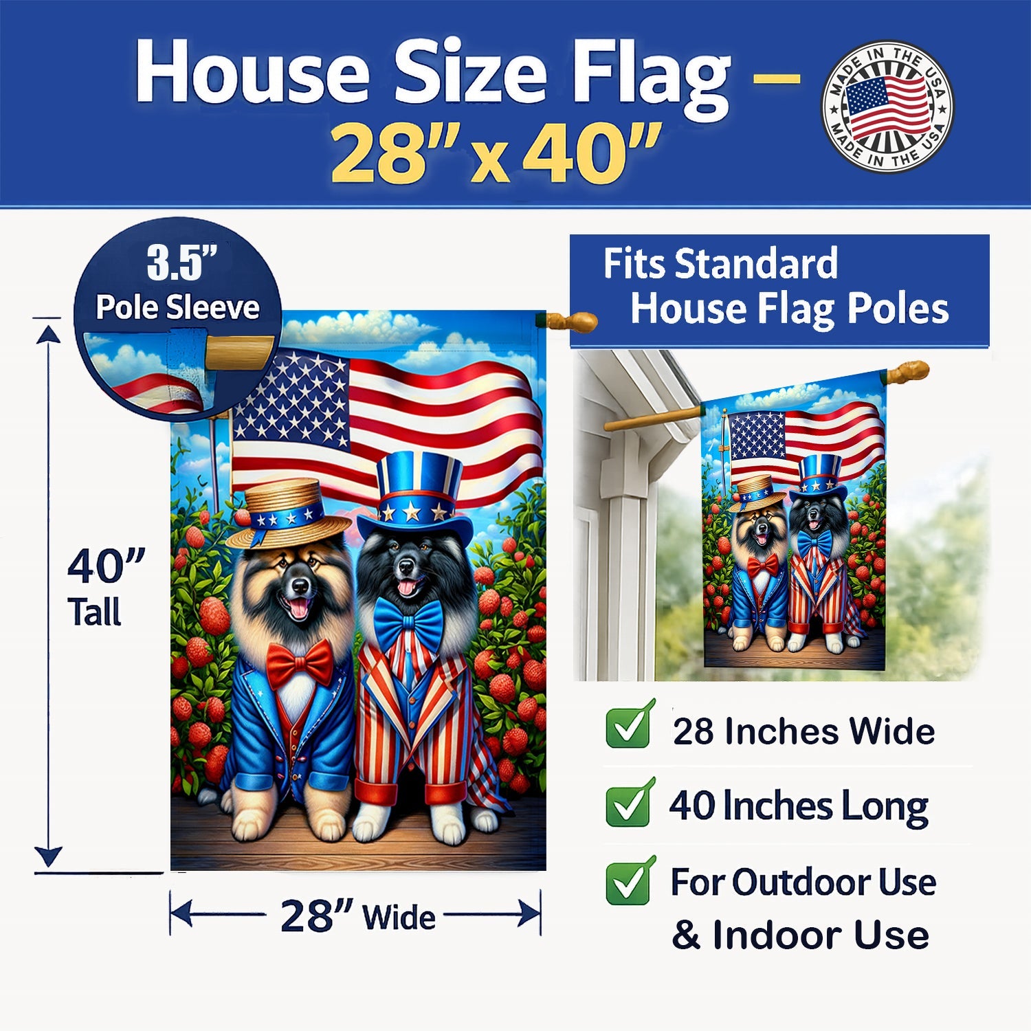 All American Keeshond House Flag 28x40 Porch Sleeve Pole Decorative Outside Yard Banner Artwork Wall Hanging, Polyester