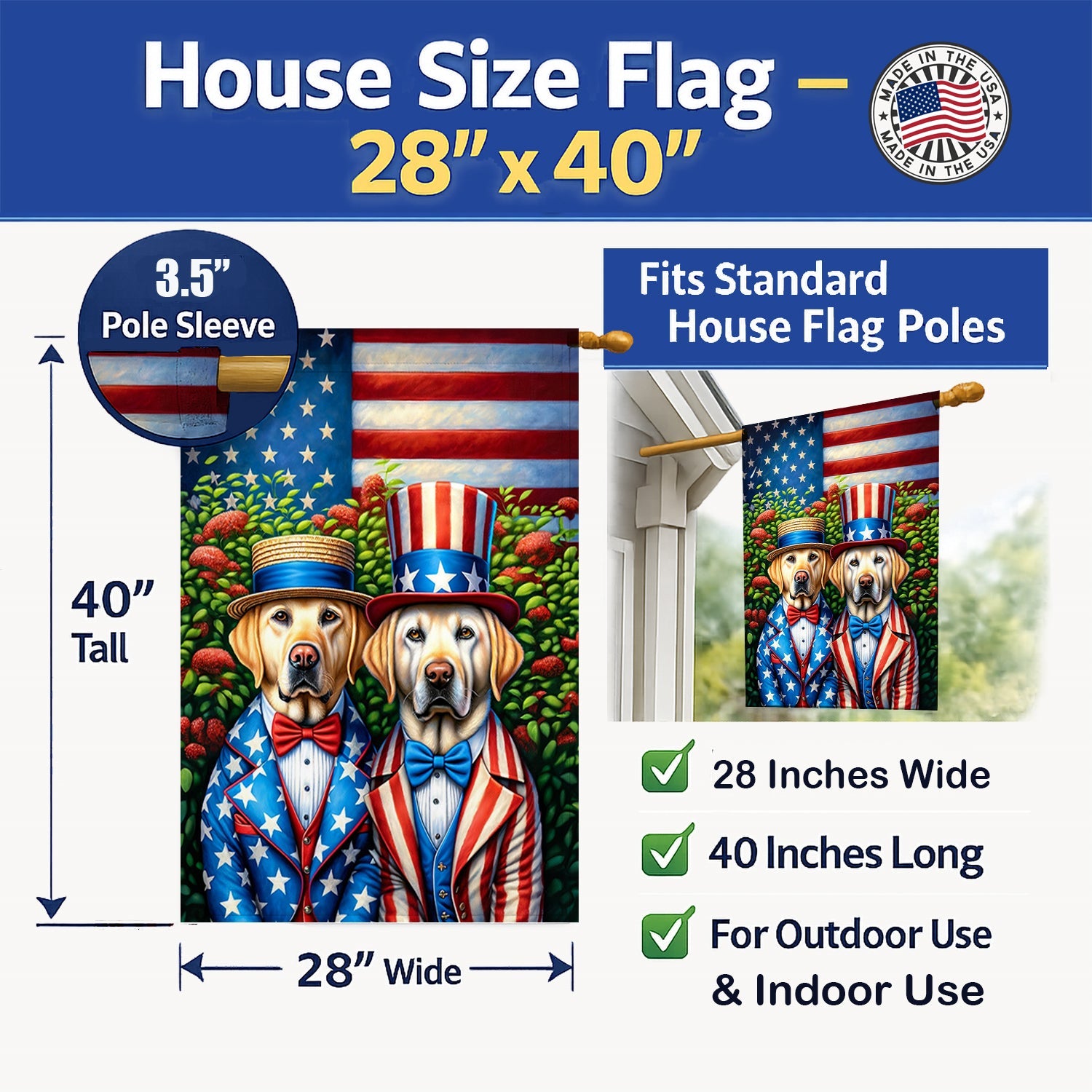 All American Labrador Retriever House Flag 28x40 Porch Sleeve Pole Decorative Outside Yard Banner Artwork Wall Hanging, Polyester