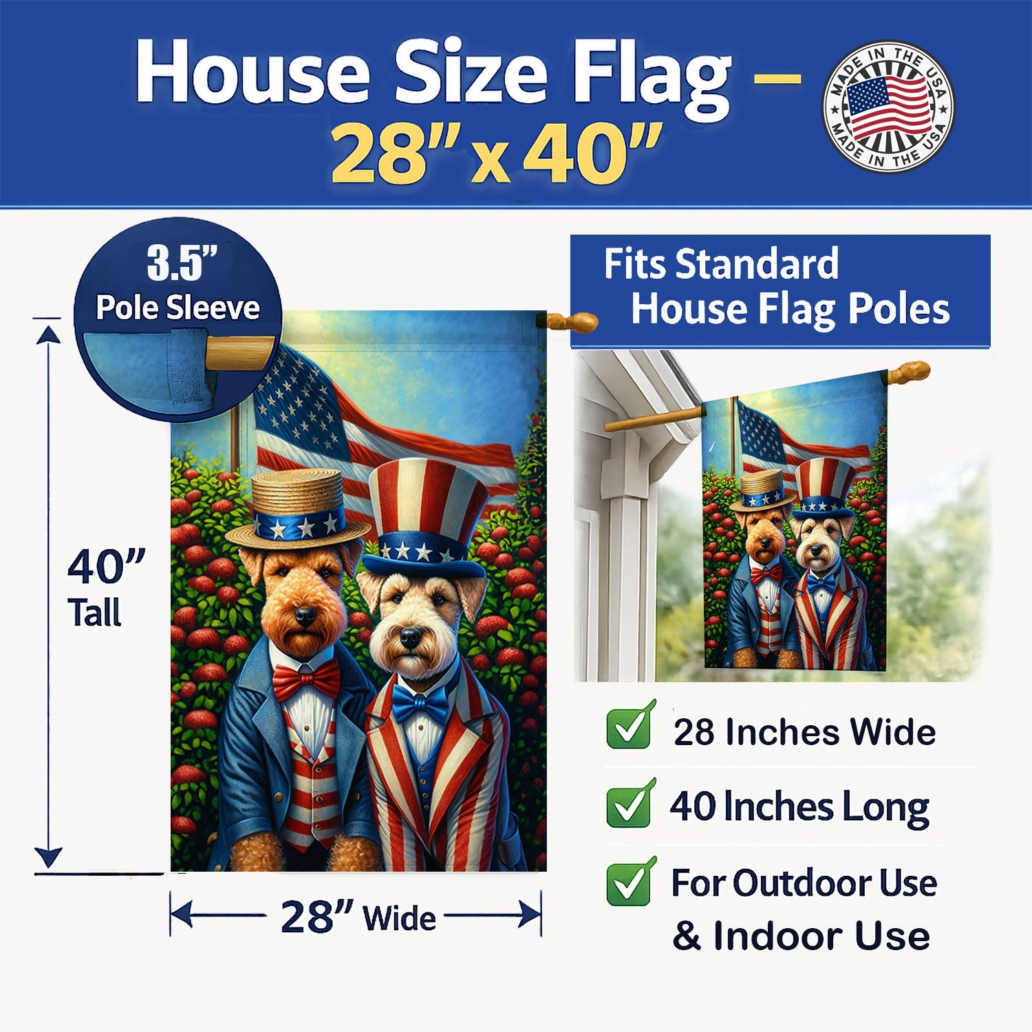 All American Lakeland Terrier House Flag 28x40 Porch Sleeve Pole Decorative Outside Yard Banner Artwork Wall Hanging, Polyester
