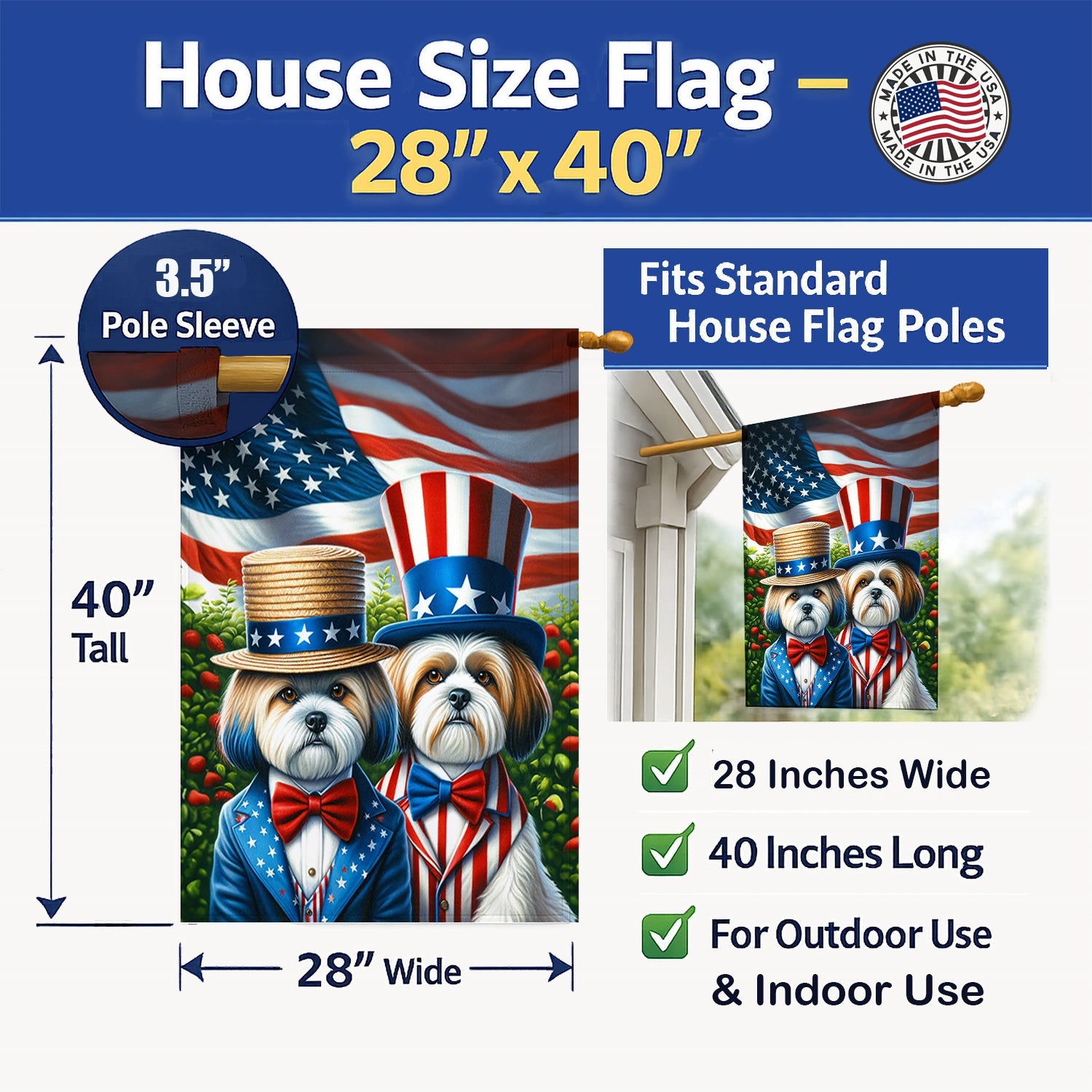 All American Lhasa Apso House Flag 28x40 Porch Sleeve Pole Decorative Outside Yard Banner Artwork Wall Hanging, Polyester