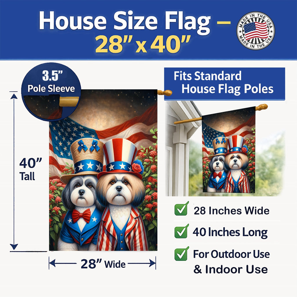 All American Lhasa Apso House Flag 28x40 Porch Sleeve Pole Decorative Outside Yard Banner Artwork Wall Hanging, Polyester