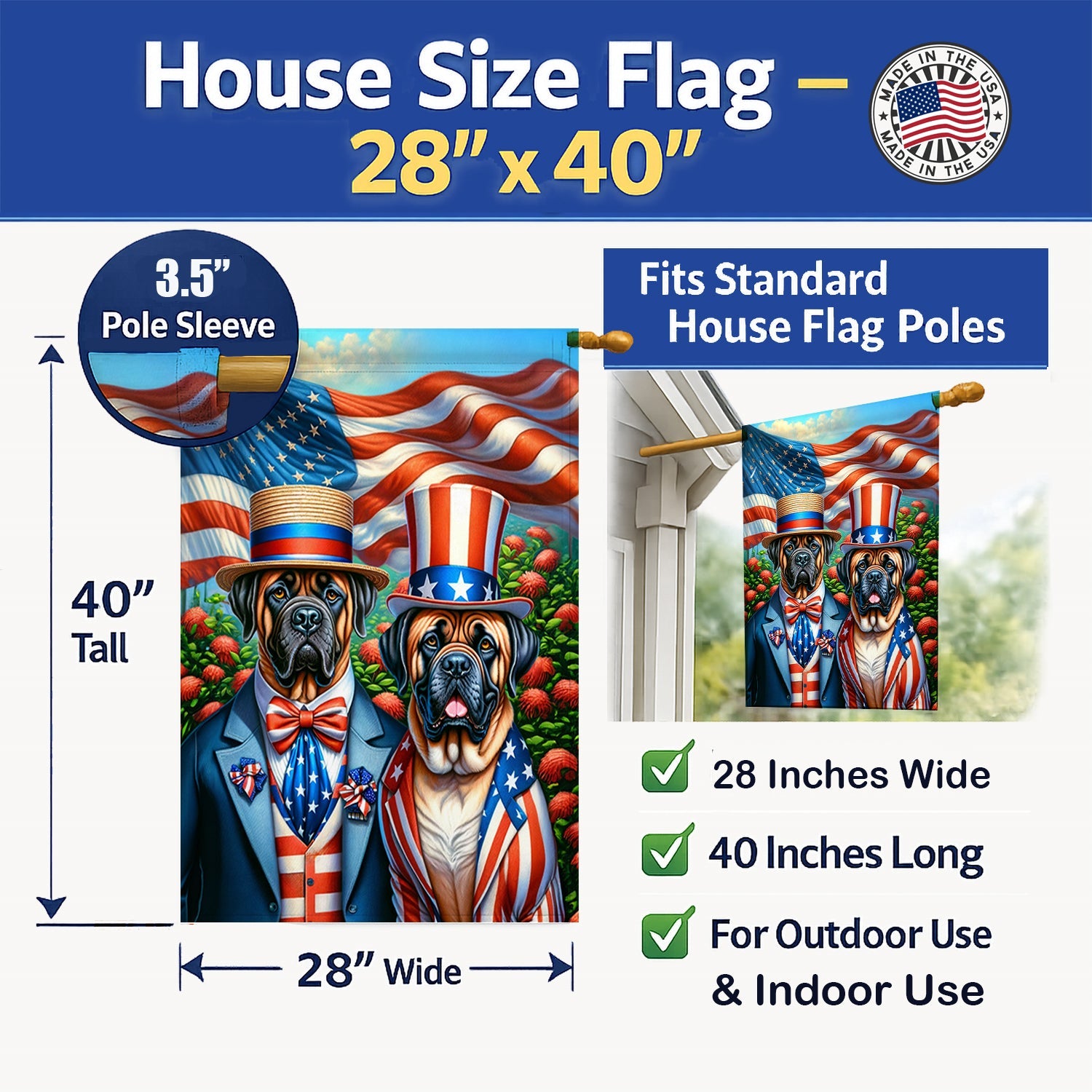 All American Mastiff House Flag 28x40 Porch Sleeve Pole Decorative Outside Yard Banner Artwork Wall Hanging, Polyester