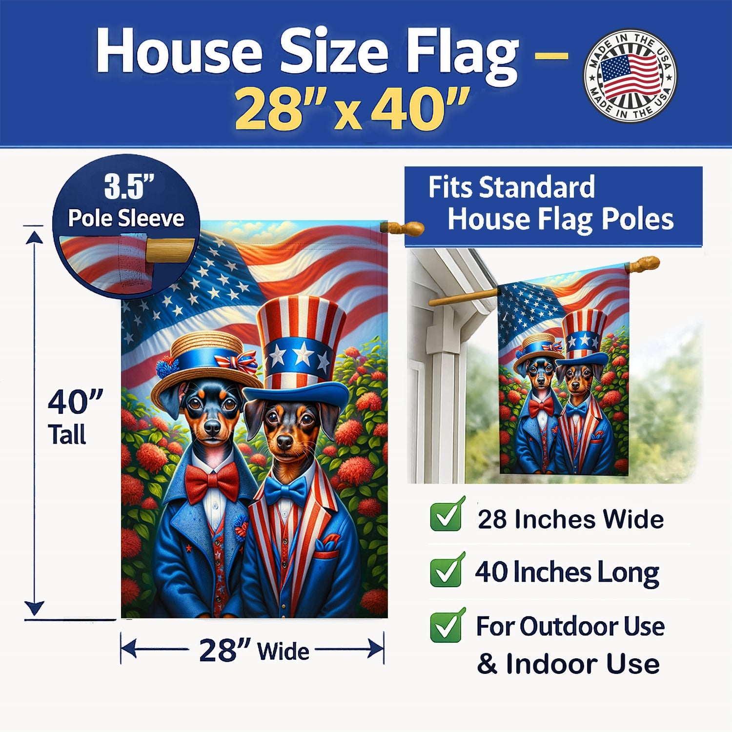 All American Miniature Pinscher House Flag 28x40 Porch Sleeve Pole Decorative Outside Yard Banner Artwork Wall Hanging, Polyester