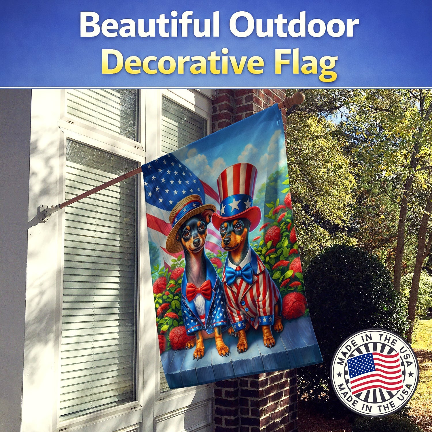 All American Miniature Pinscher House Flag 28x40 Porch Sleeve Pole Decorative Outside Yard Banner Artwork Wall Hanging, Polyester