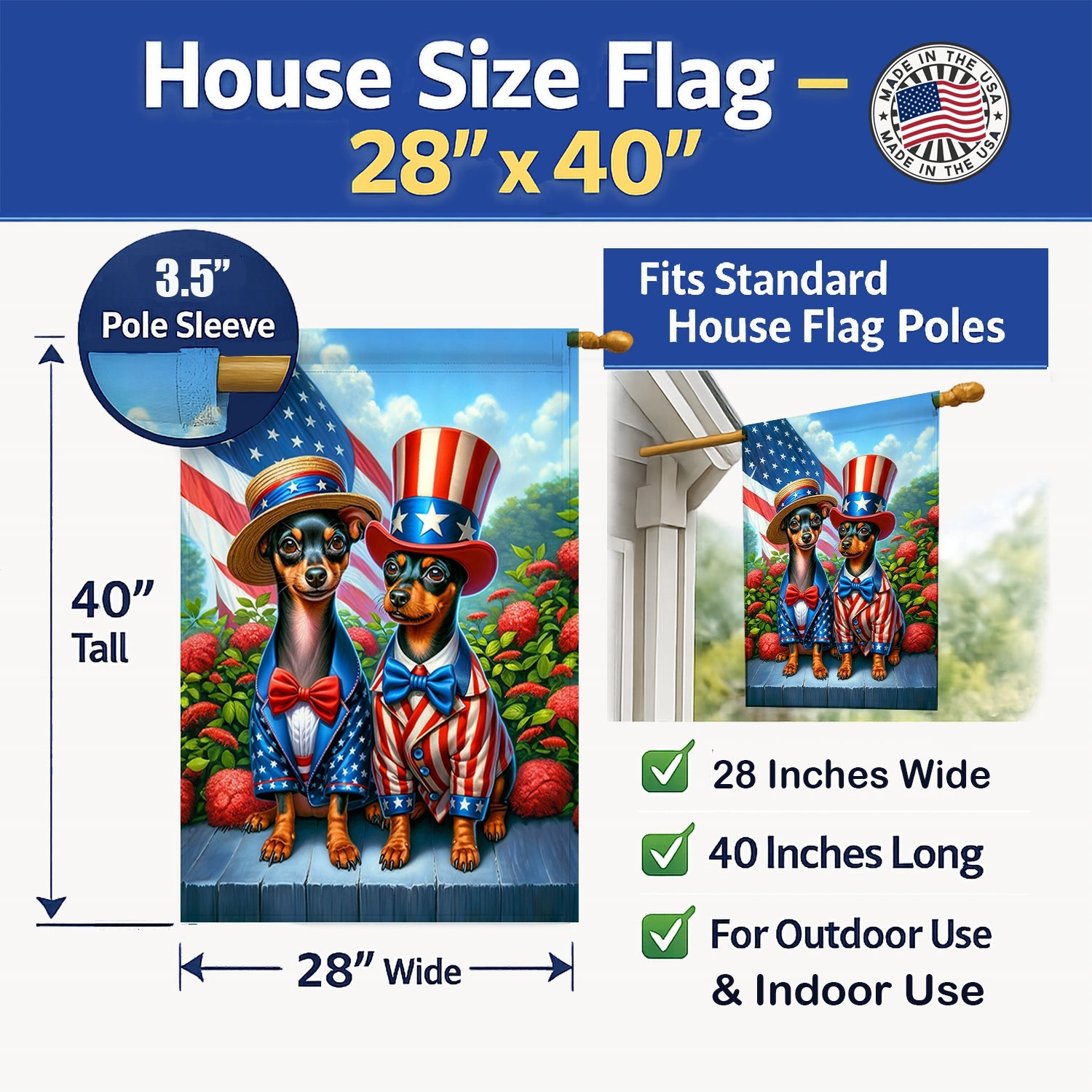 All American Miniature Pinscher House Flag 28x40 Porch Sleeve Pole Decorative Outside Yard Banner Artwork Wall Hanging, Polyester