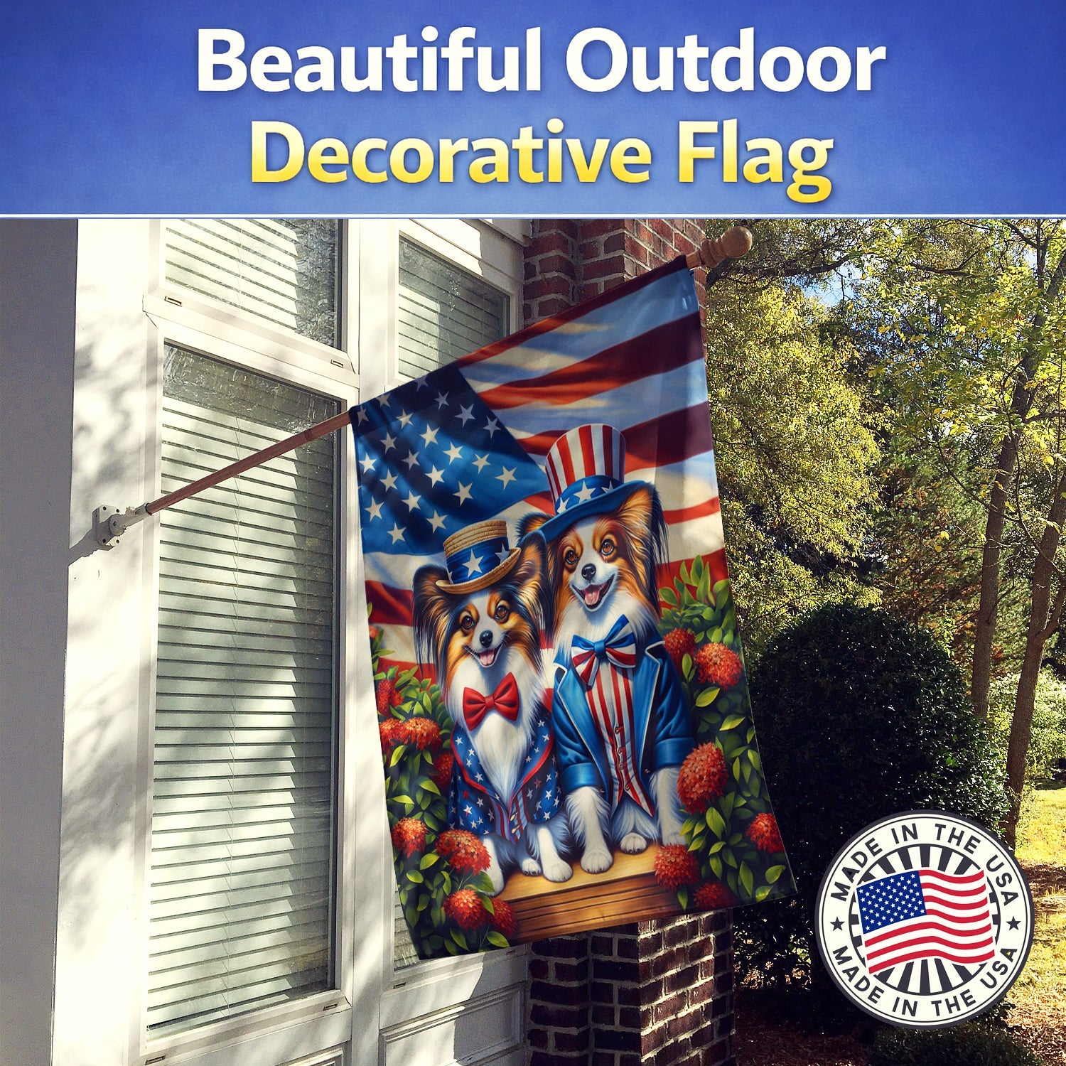 All American Papillon House Flag 28x40 Porch Sleeve Pole Decorative Outside Yard Banner Artwork Wall Hanging, Polyester