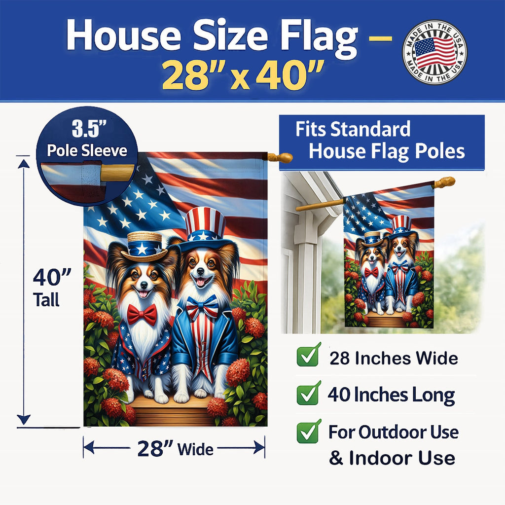 All American Papillon House Flag 28x40 Porch Sleeve Pole Decorative Outside Yard Banner Artwork Wall Hanging, Polyester