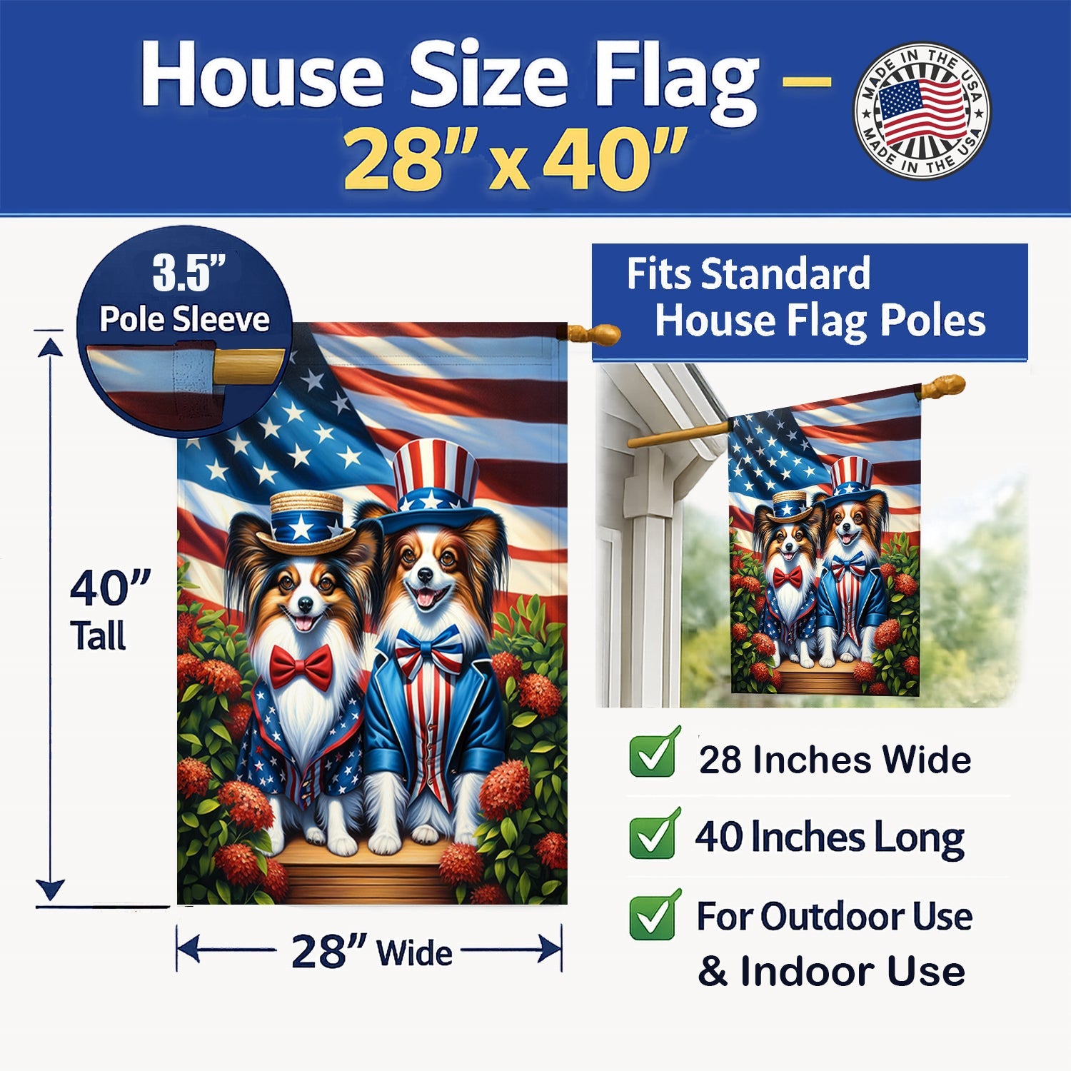 All American Papillon House Flag 28x40 Porch Sleeve Pole Decorative Outside Yard Banner Artwork Wall Hanging, Polyester