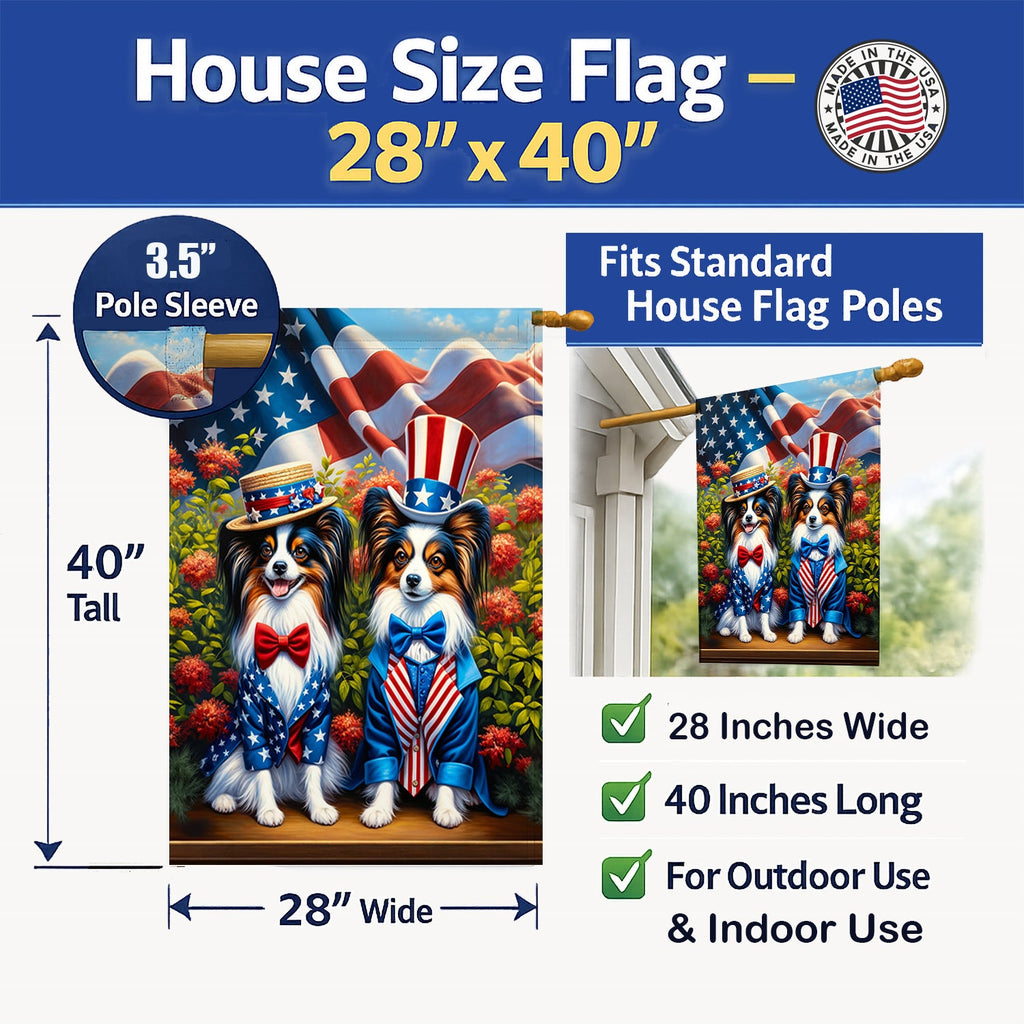 All American Papillon House Flag 28x40 Porch Sleeve Pole Decorative Outside Yard Banner Artwork Wall Hanging, Polyester