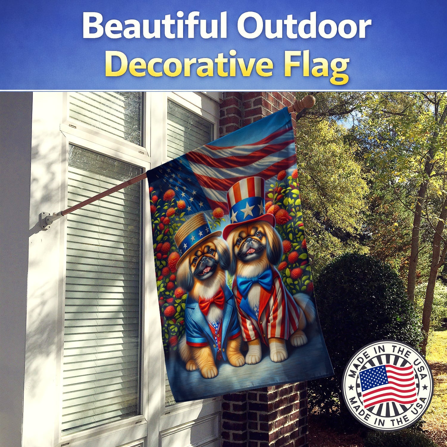 All American Pekingese House Flag 28x40 Porch Sleeve Pole Decorative Outside Yard Banner Artwork Wall Hanging, Polyester