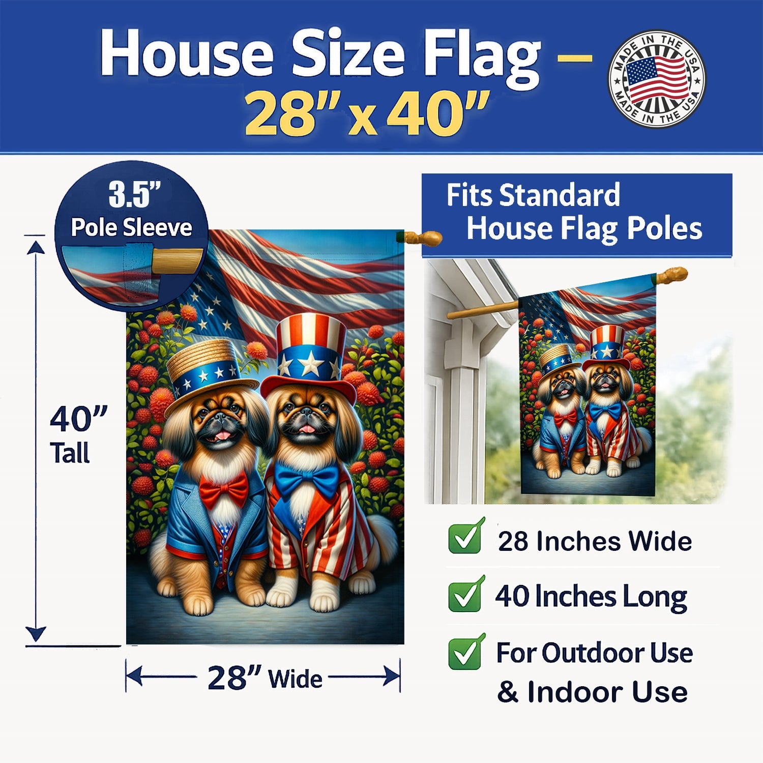 All American Pekingese House Flag 28x40 Porch Sleeve Pole Decorative Outside Yard Banner Artwork Wall Hanging, Polyester