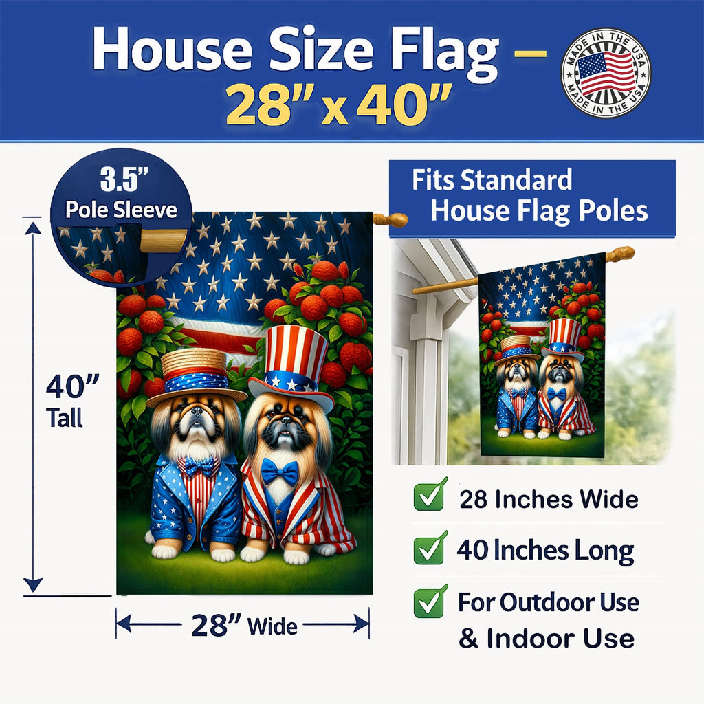 All American Pekingese House Flag 28x40 Porch Sleeve Pole Decorative Outside Yard Banner Artwork Wall Hanging, Polyester