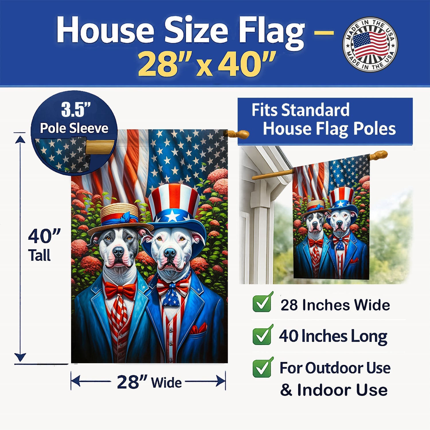 All American Pit Bull Terrier House Flag 28x40 Porch Sleeve Pole Decorative Outside Yard Banner Artwork Wall Hanging, Polyester