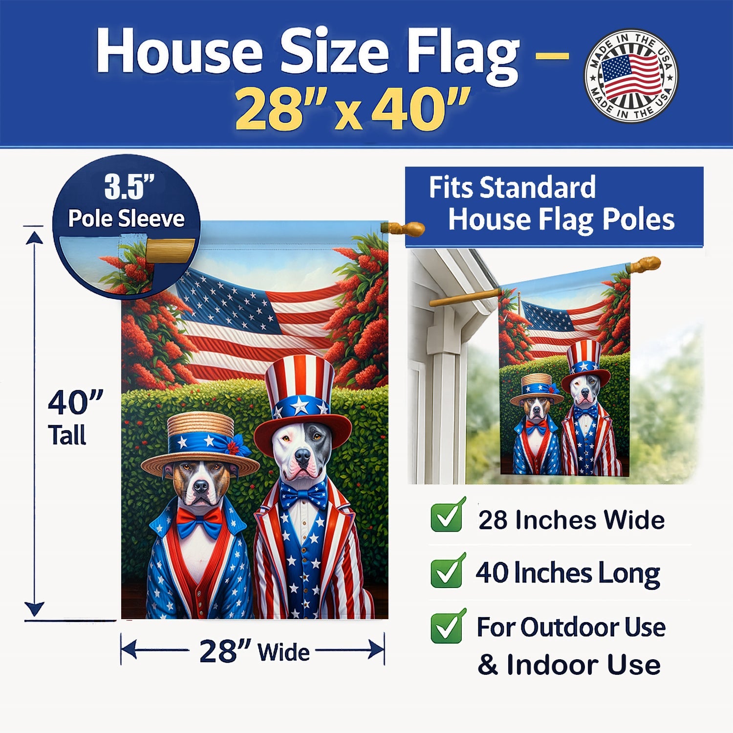 All American Pit Bull Terrier House Flag 28x40 Porch Sleeve Pole Decorative Outside Yard Banner Artwork Wall Hanging, Polyester