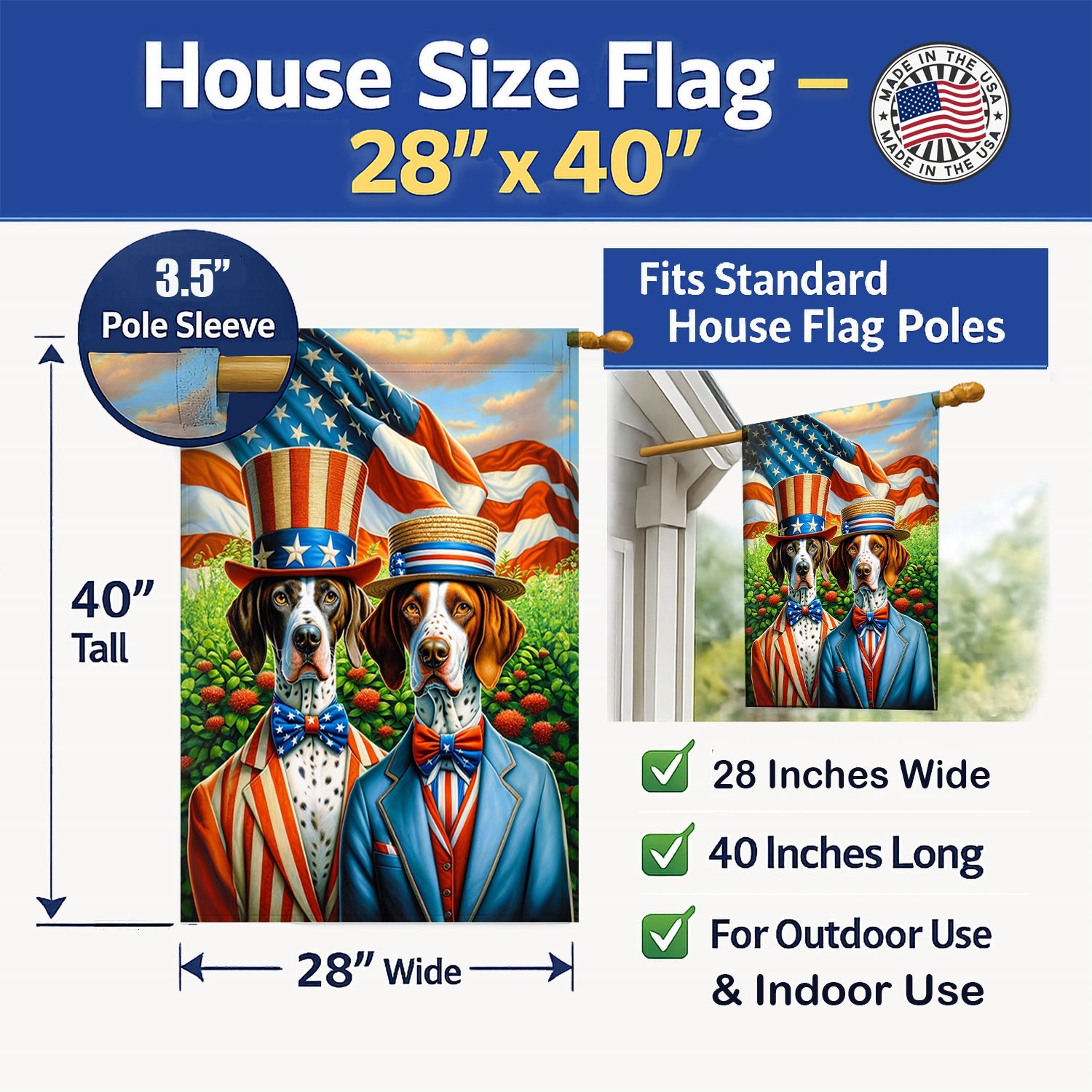 All American Pointer House Flag 28x40 Porch Sleeve Pole Decorative Outside Yard Banner Artwork Wall Hanging, Polyester