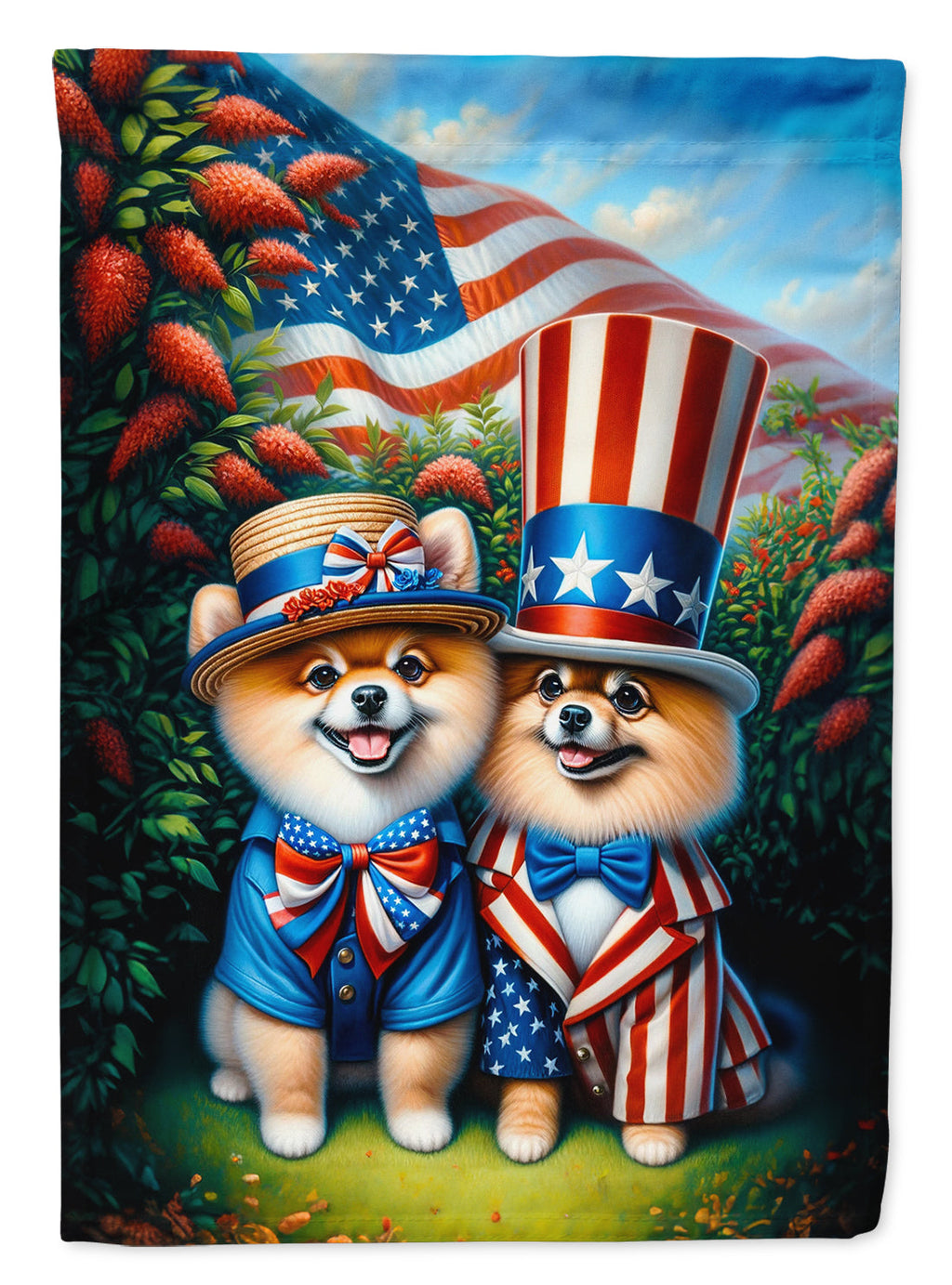 All American Pomeranian House Flag 28x40 Porch Sleeve Pole Decorative Outside Yard Banner Artwork Wall Hanging, Polyester