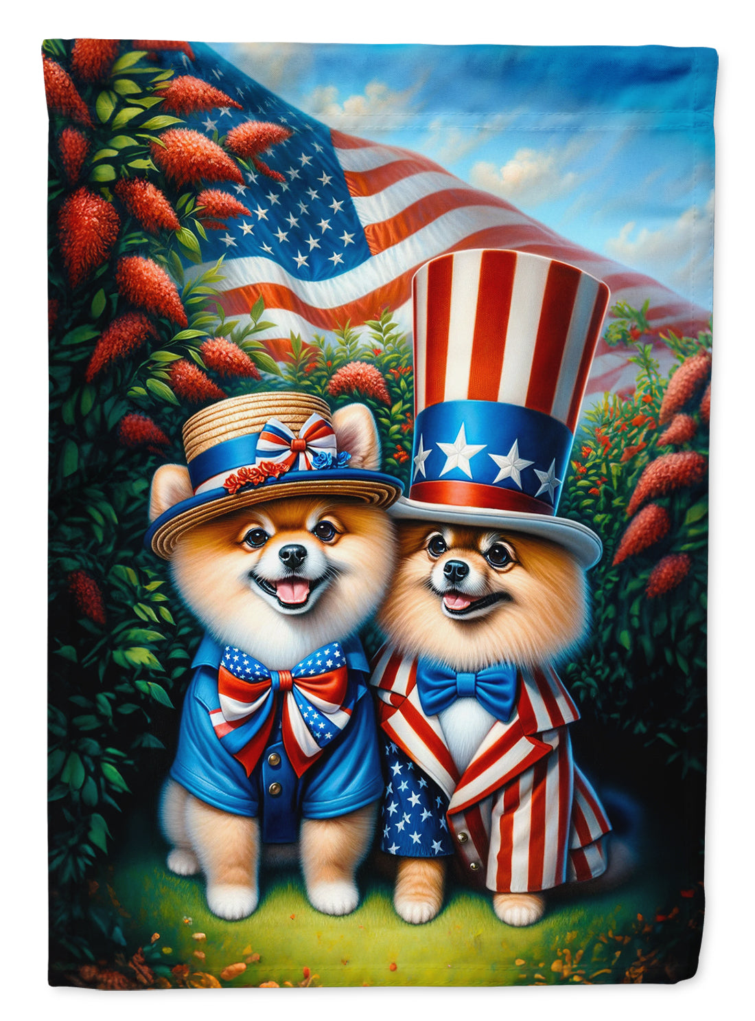 All American Pomeranian House Flag 28x40 Porch Sleeve Pole Decorative Outside Yard Banner Artwork Wall Hanging, Polyester