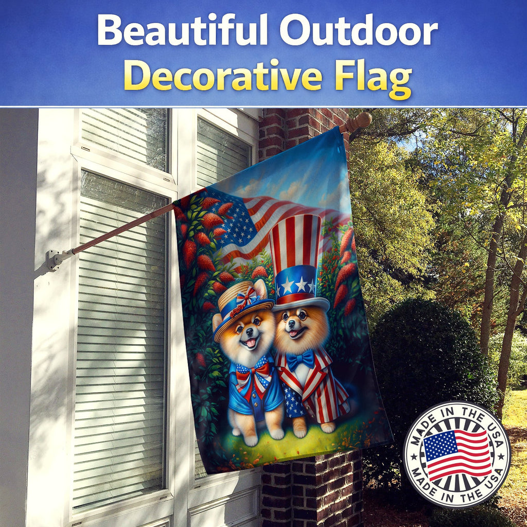 All American Pomeranian House Flag 28x40 Porch Sleeve Pole Decorative Outside Yard Banner Artwork Wall Hanging, Polyester