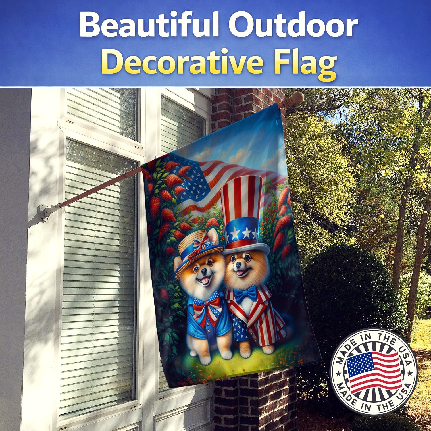 All American Pomeranian House Flag 28x40 Porch Sleeve Pole Decorative Outside Yard Banner Artwork Wall Hanging, Polyester