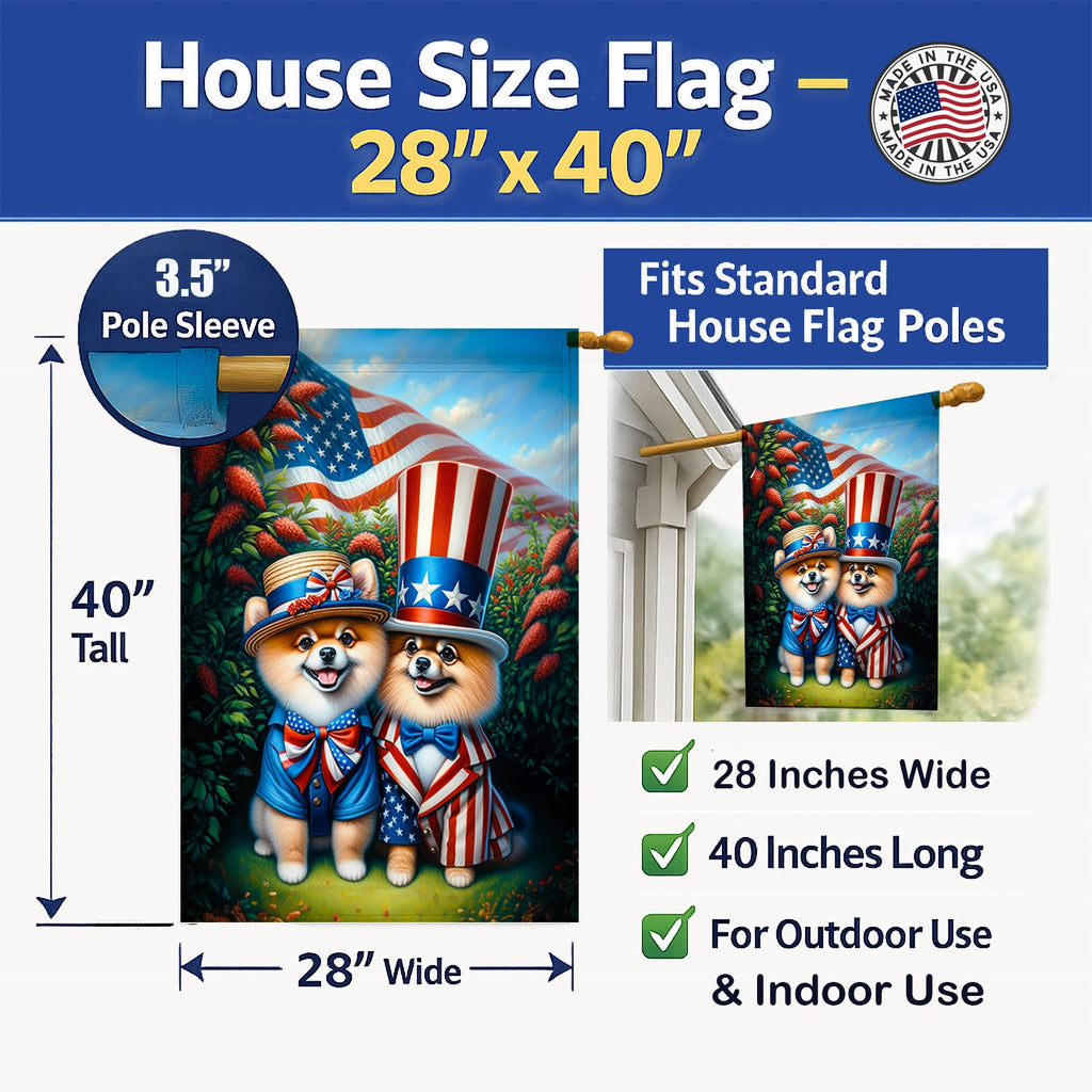 All American Pomeranian House Flag 28x40 Porch Sleeve Pole Decorative Outside Yard Banner Artwork Wall Hanging, Polyester
