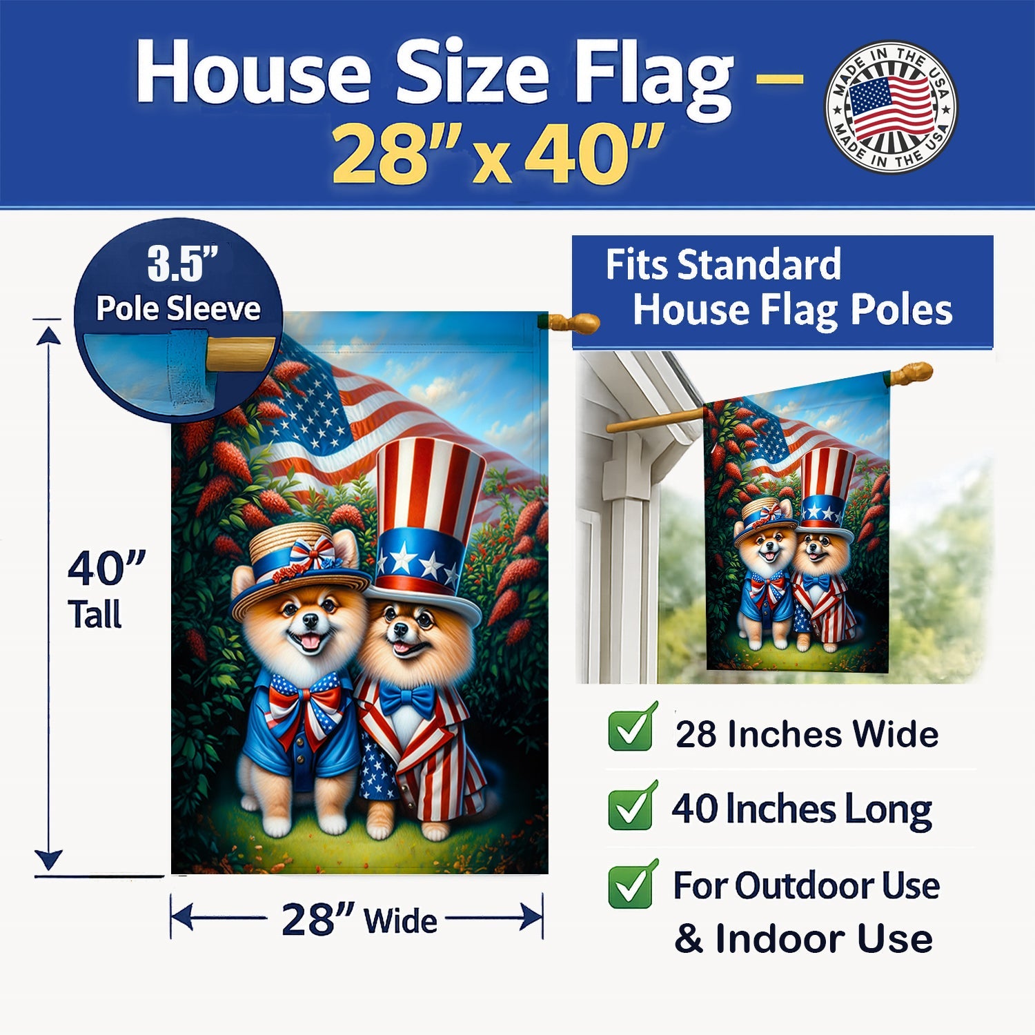 All American Pomeranian House Flag 28x40 Porch Sleeve Pole Decorative Outside Yard Banner Artwork Wall Hanging, Polyester