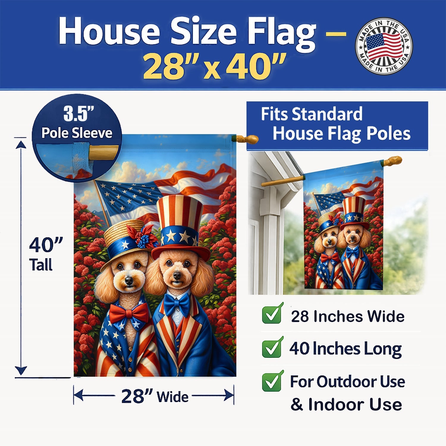 All American Poodle House Flag 28x40 Porch Sleeve Pole Decorative Outside Yard Banner Artwork Wall Hanging, Polyester