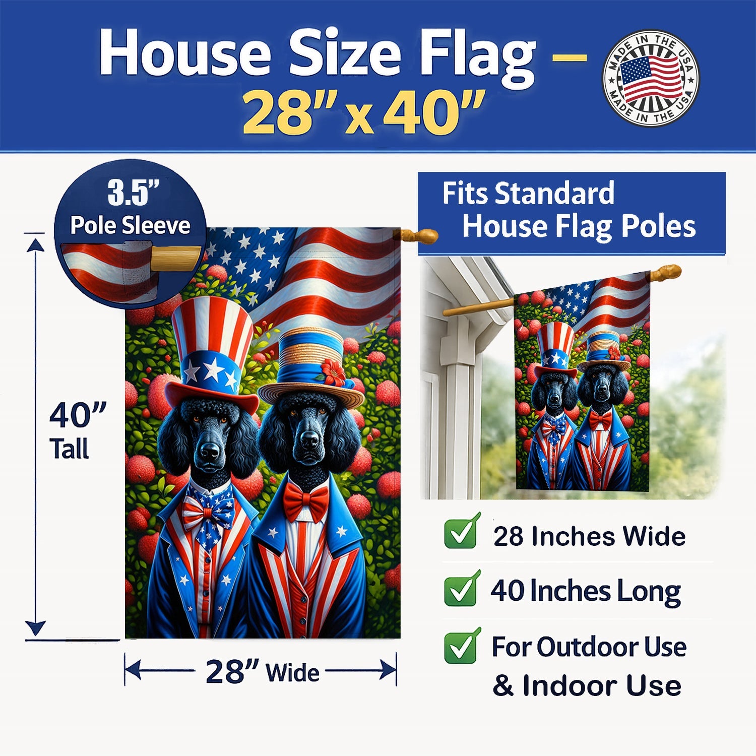 All American Poodle House Flag 28x40 Porch Sleeve Pole Decorative Outside Yard Banner Artwork Wall Hanging, Polyester
