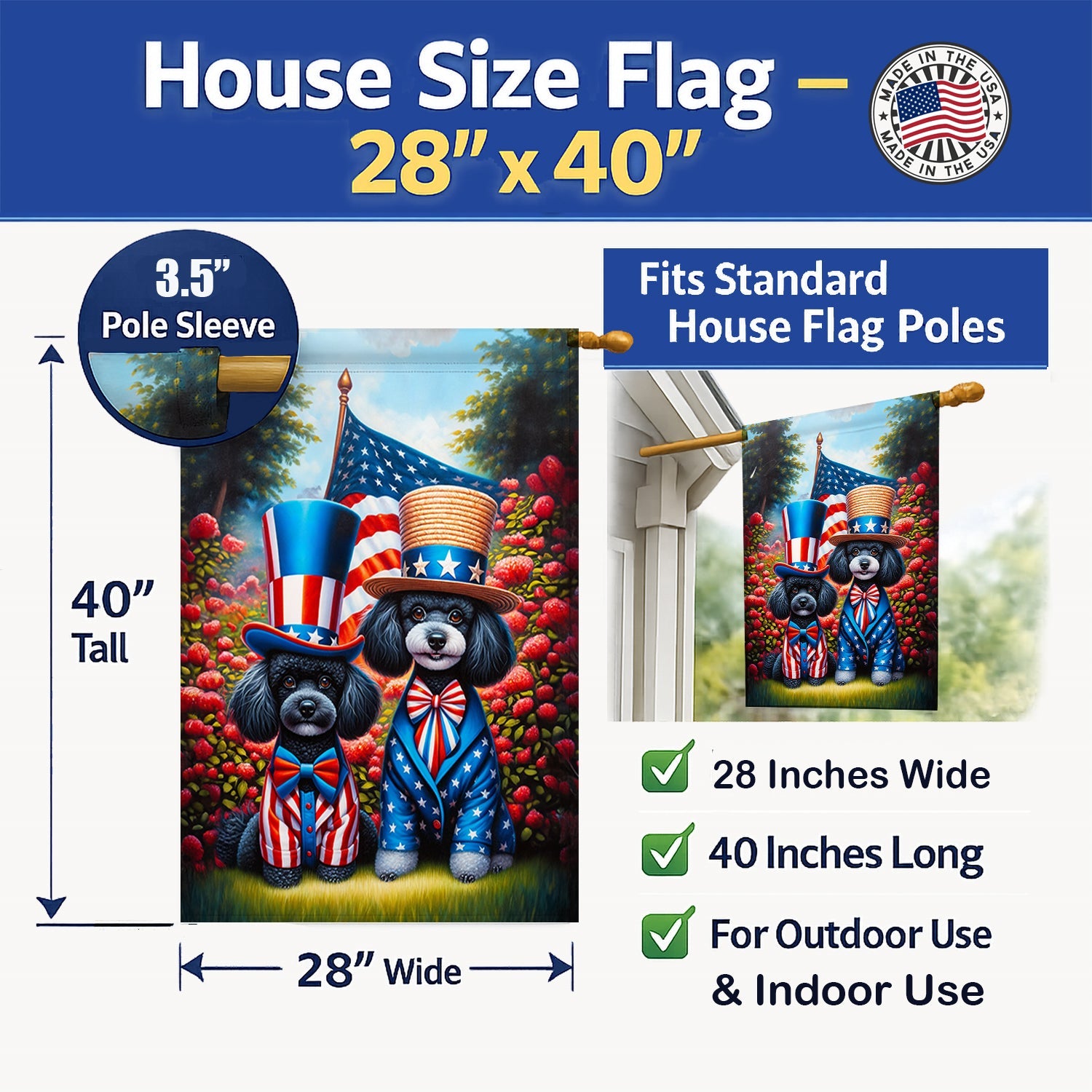 All American Poodle House Flag 28x40 Porch Sleeve Pole Decorative Outside Yard Banner Artwork Wall Hanging, Polyester