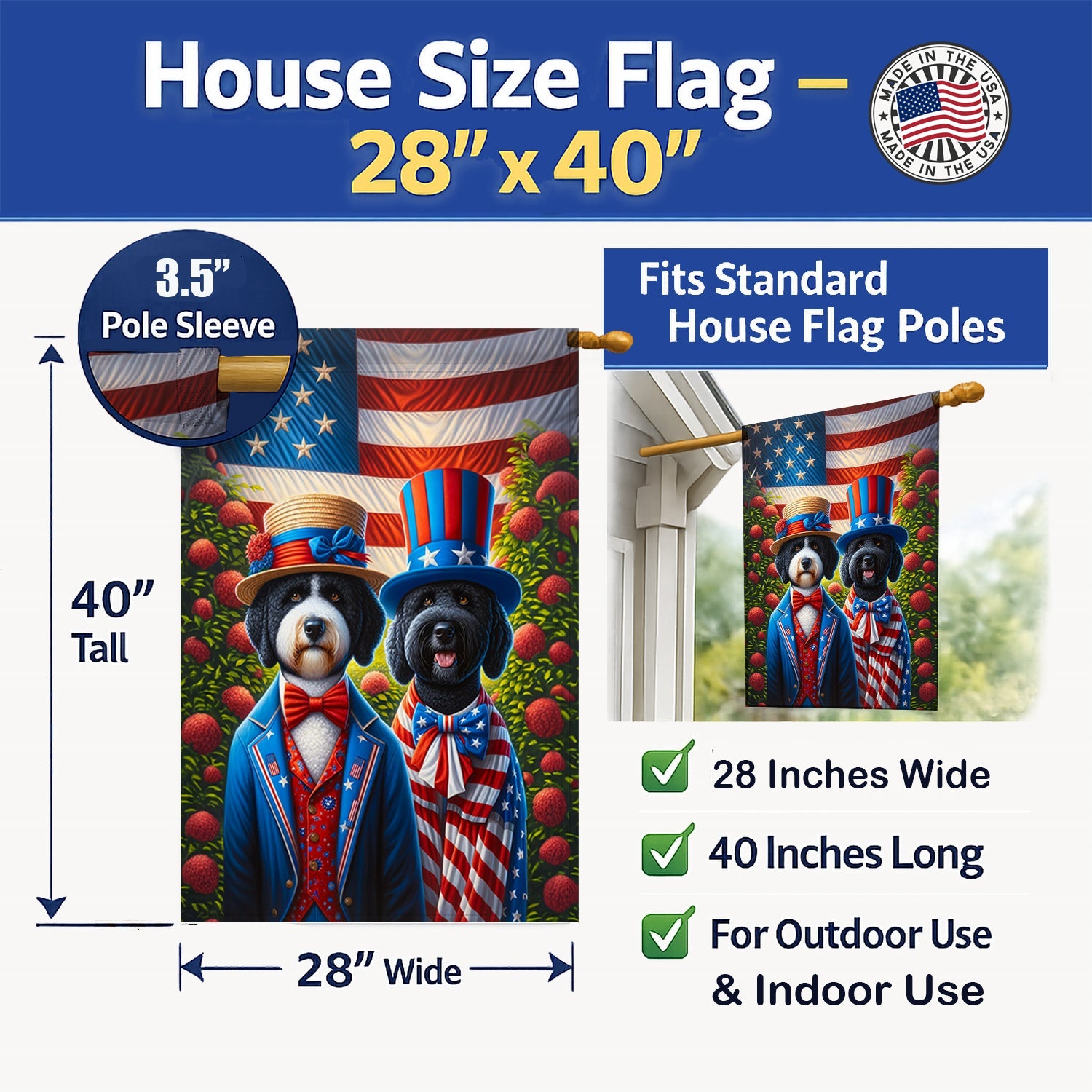 All American Portuguese Water Dog House Flag 28x40 Porch Sleeve Pole Decorative Outside Yard Banner Artwork Wall Hanging, Polyester