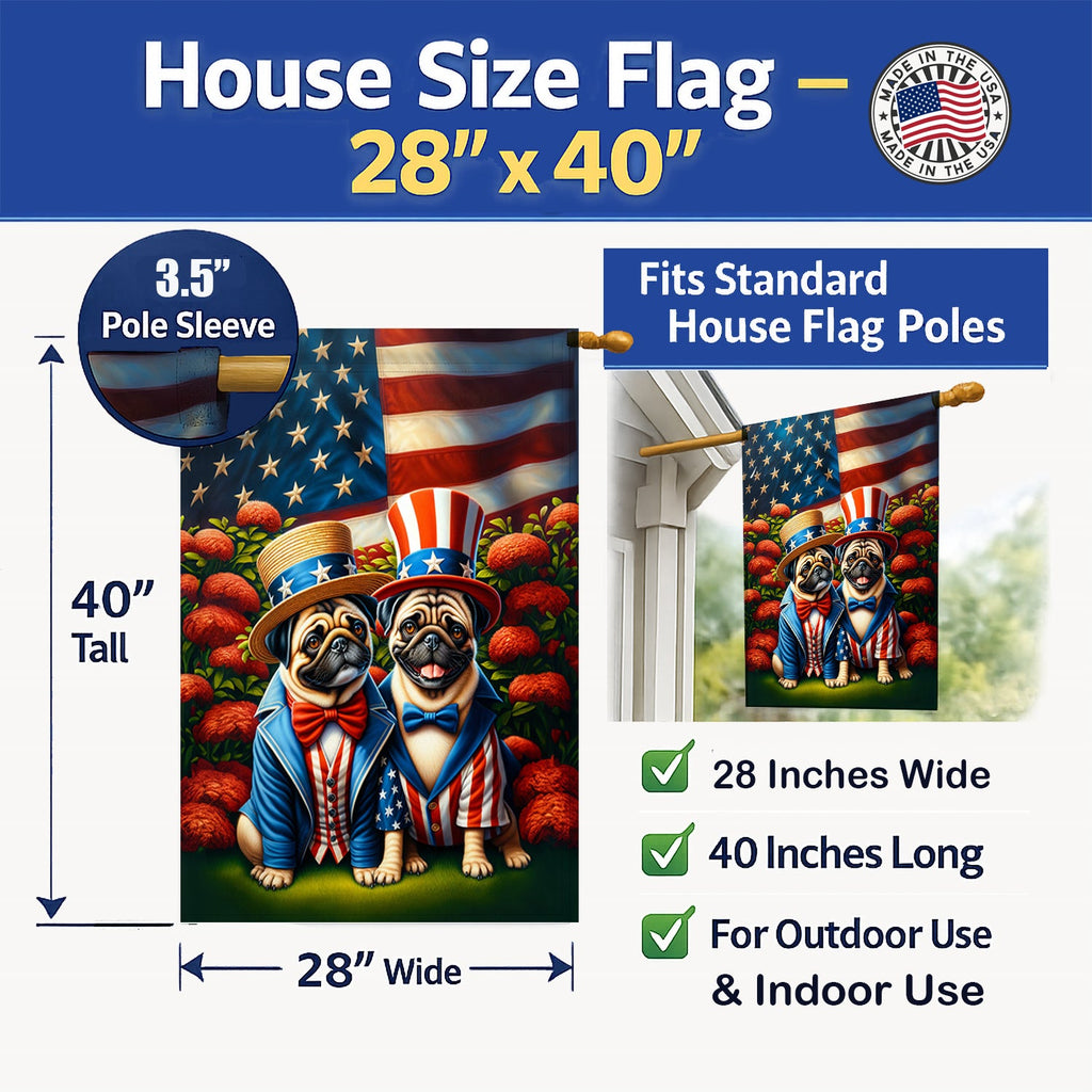 All American Pug House Flag 28x40 Porch Sleeve Pole Decorative Outside Yard Banner Artwork Wall Hanging, Polyester