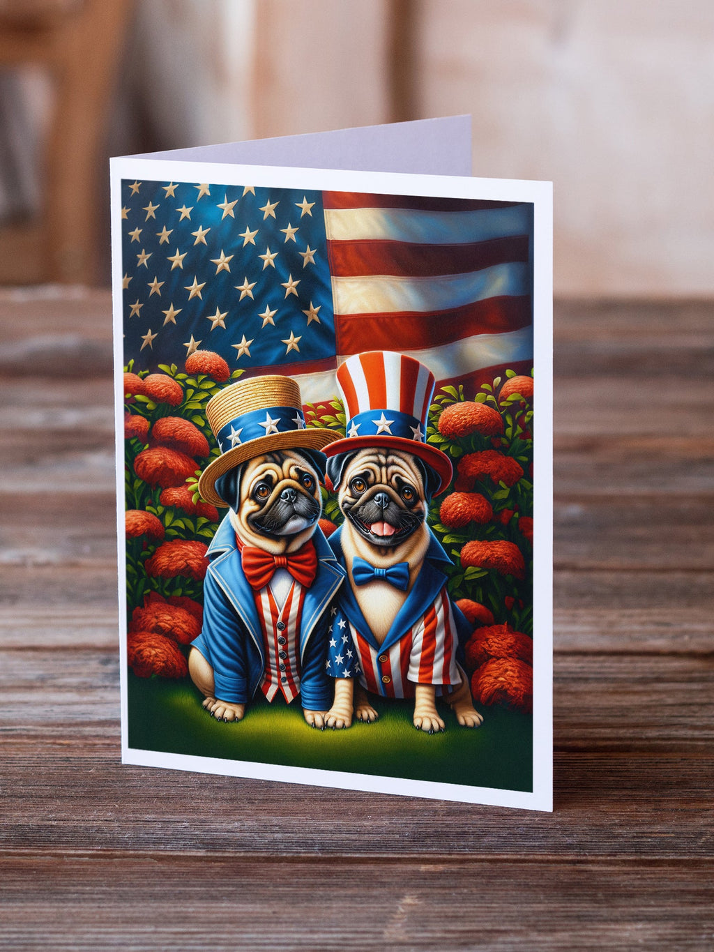 All American Pug Greeting Cards Pack of 8 Blank Cards with Envelopes Whimsical A7 Size 5x7